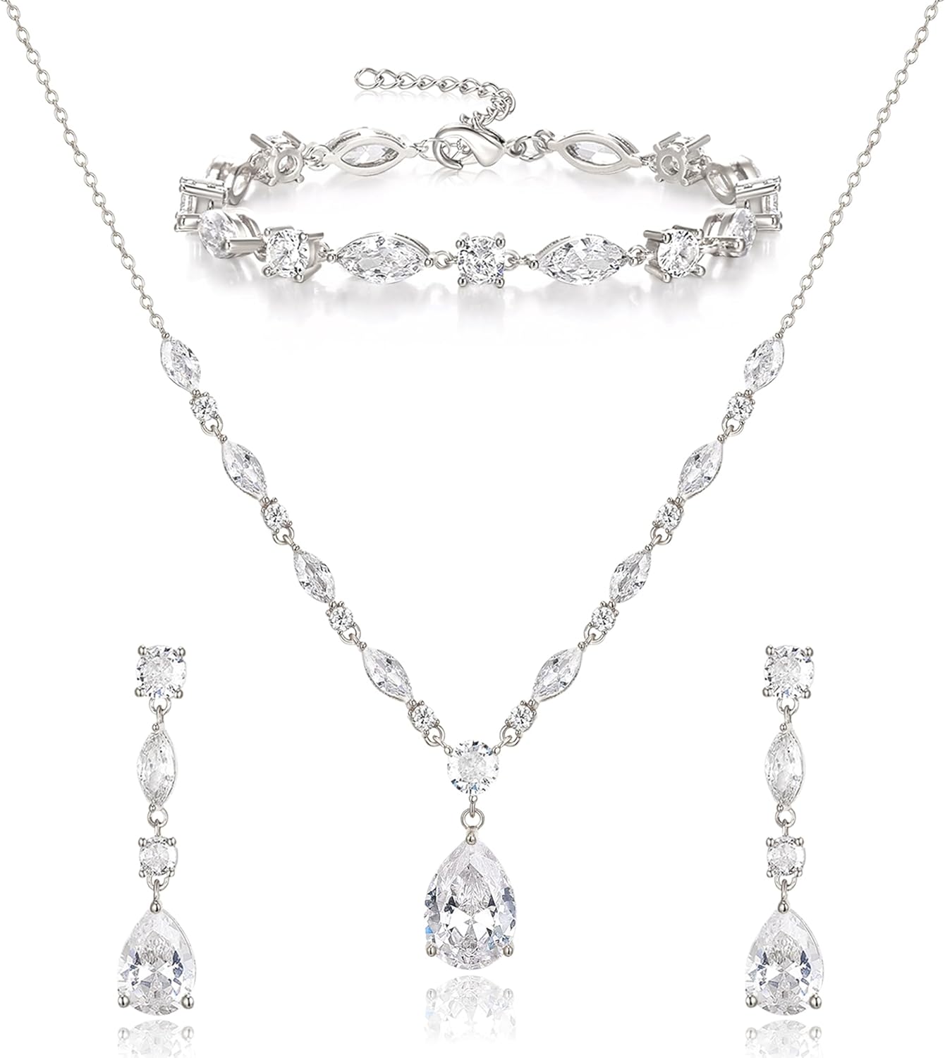 Crysdue Teardrop Bridal Jewelry Set for Wedding Party, Silver/14K/Rose Gold Plated Prom Costume Jewellery for Bride Bridesmaids Women, Cubic Zirconia Necklace Dangle Earrings Bracelet