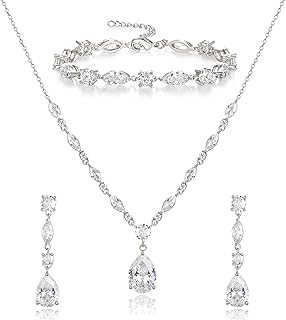 Teardrop Bridal Jewelry Set for Wedding Party, Silver/14K/Rose Gold Plated Prom Costume Jewellery for Bride Bridesmaids Women, Cubic Zirconia Necklace Dangle Earrings Bracelet