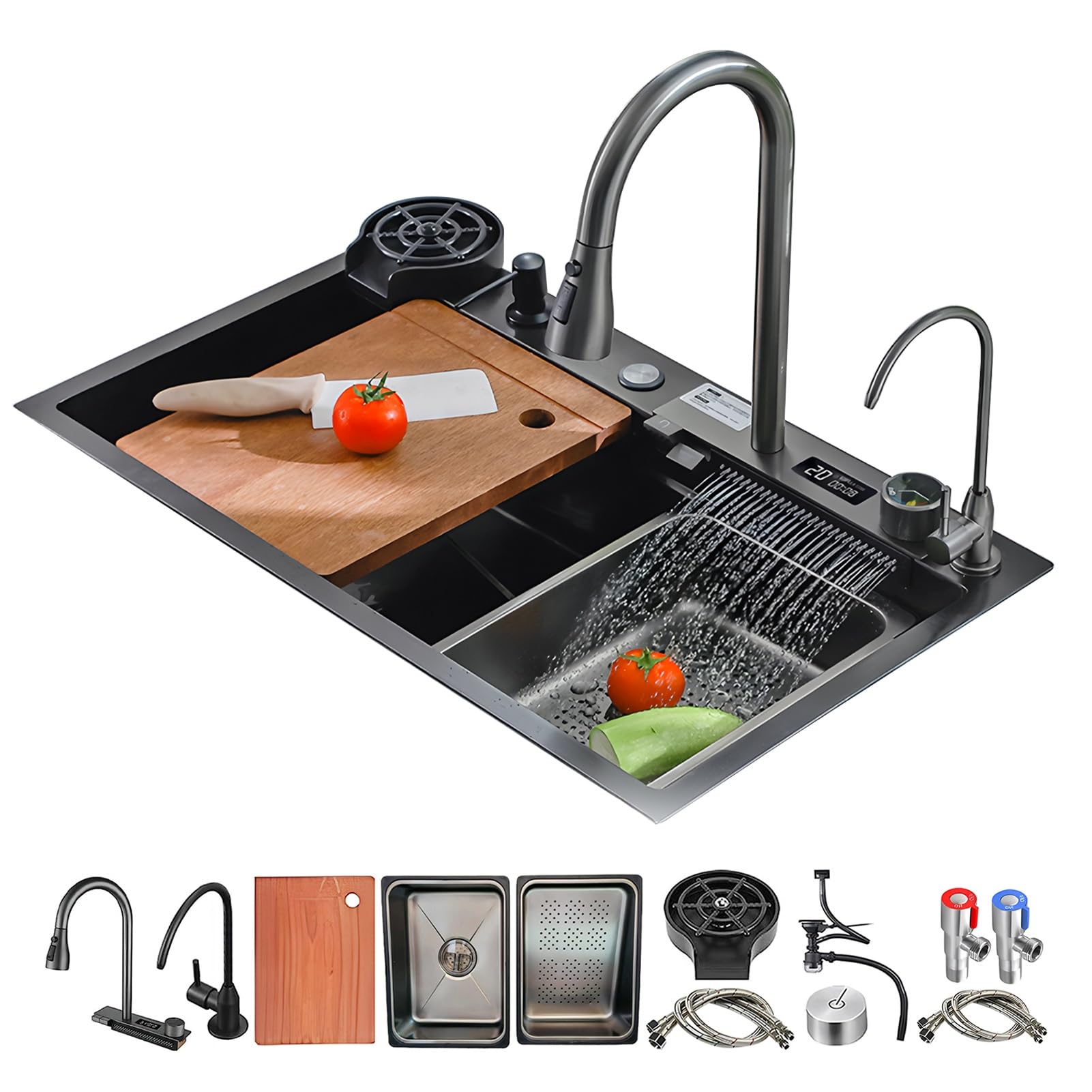 HYSOPSPX Multifunctional Large Single Bowl Kitchen Sink with Temperature Display，Waterfall Stainless Steel Sink,Topmount,Left/Right Drain & Complete Accessories(Right,68x45cm)