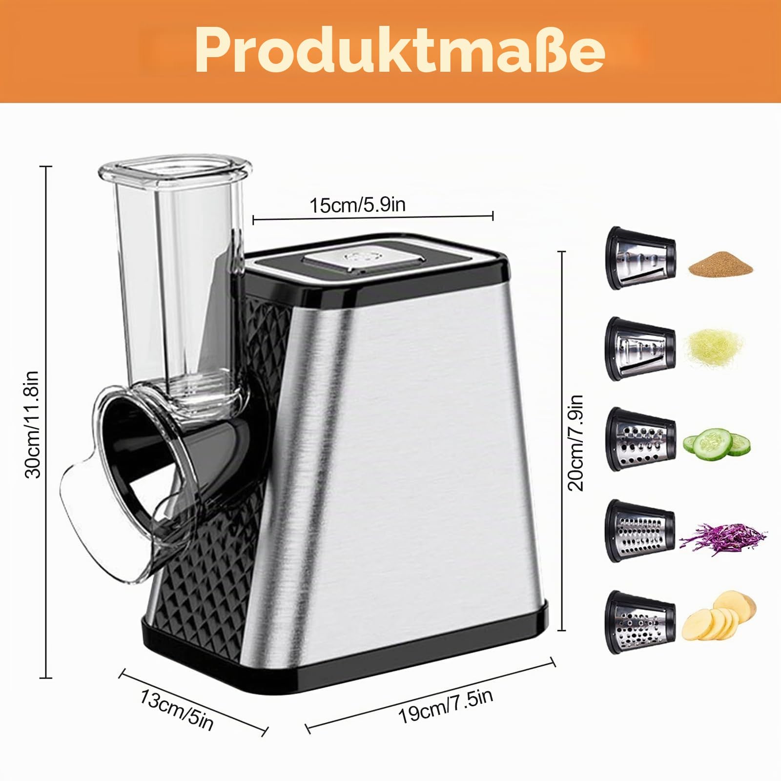 Gemüseschneider Elektrisch 5-in-1, 500W Elektrischer Gemüsehobel mit 5 Edelstahl-Klingen für Käse, Gemüse, Obst – Elektrische Küchenreibe & Gemüsereibe