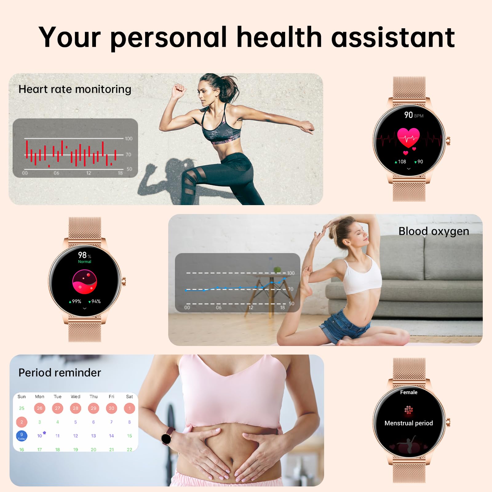 Smartwatch für Damen (Annehmen/Tätigen von Anrufen), 3,2 cm (1,25 Zoll) HD-Bildschirm, Fitness-Tracker mit Herzfrequenz-/Schlafmonitor, 130+ Sport-Modi, IP68 wasserdicht, Aktivitäts-Tracking