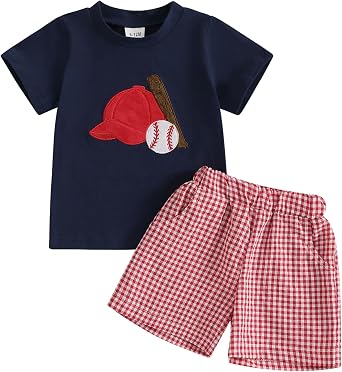 Giraropa Baby Boy Clothes Baseball Pattern Short Sleeve Infant Boy Outfits Striped Shorts Toddler Boy Summer Clothes 2pcs