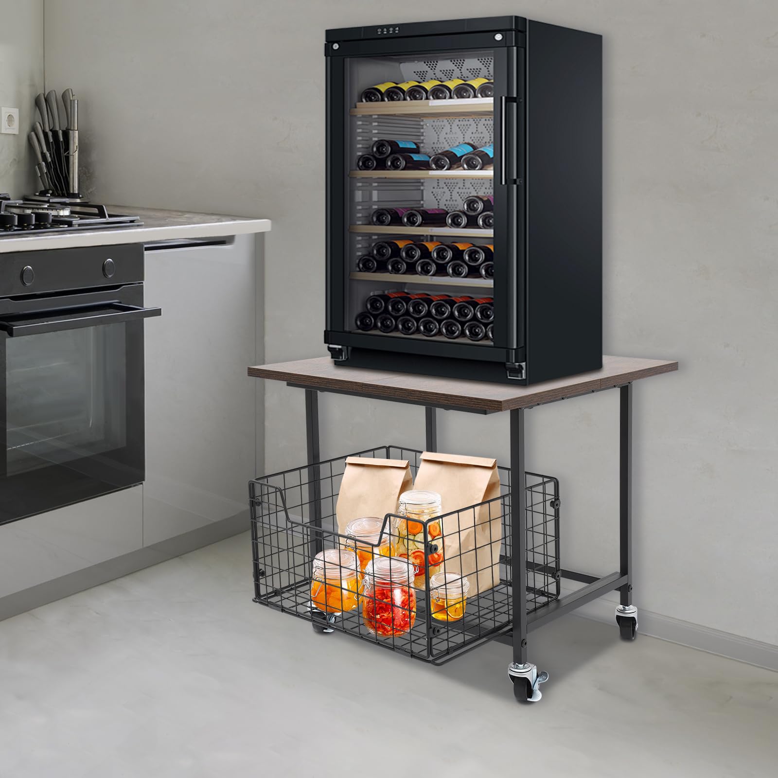 Mini soporte para nevera portátil resistente con ruedas y cesta de almacenamiento extensible, para hogar, oficina o dormitorio, hasta 150 kg (50 x 50 x 44,2 cm)