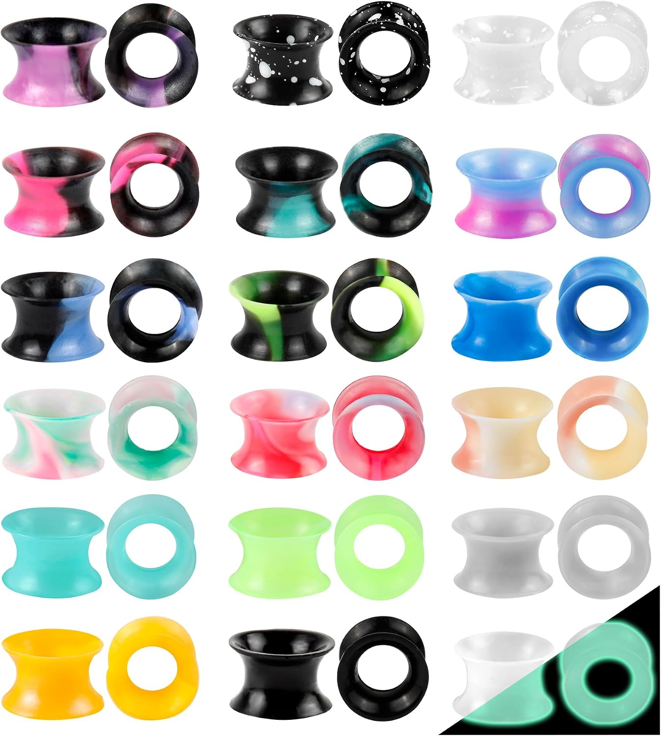 Winsenet 40pcs Silicone Ear Gauges Tunnels - Soft 00g Double Flared Expanders, Colorful Stretching Plugs for Men Women 2G-26mm