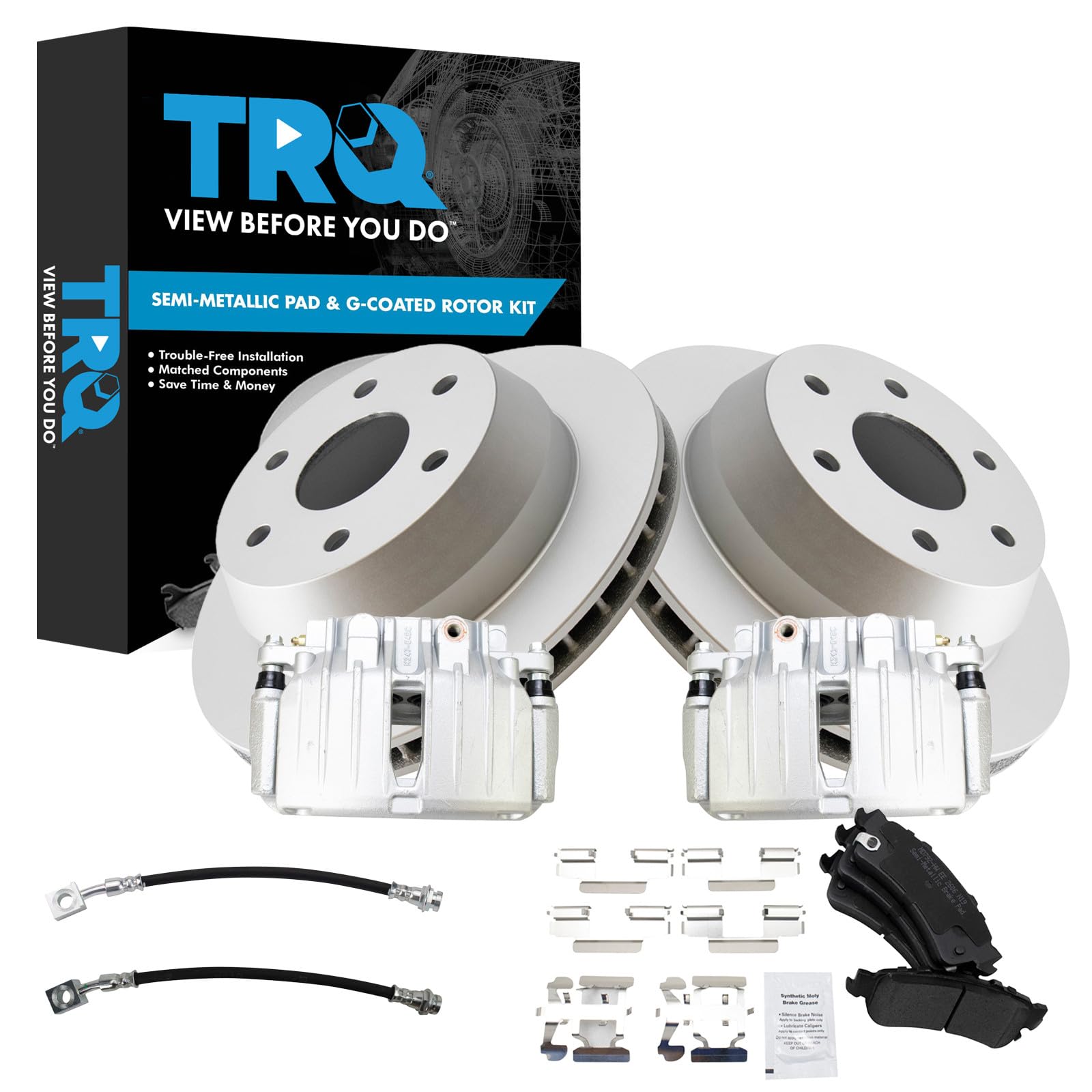 TRQ Rear Brake Pad and Rotor Set Semi Metallic Coated Rotors Calipers Compatible with 2002 Cadillac Escalade Escalade EXT 2000-2001 GMC Yukon XL 1500