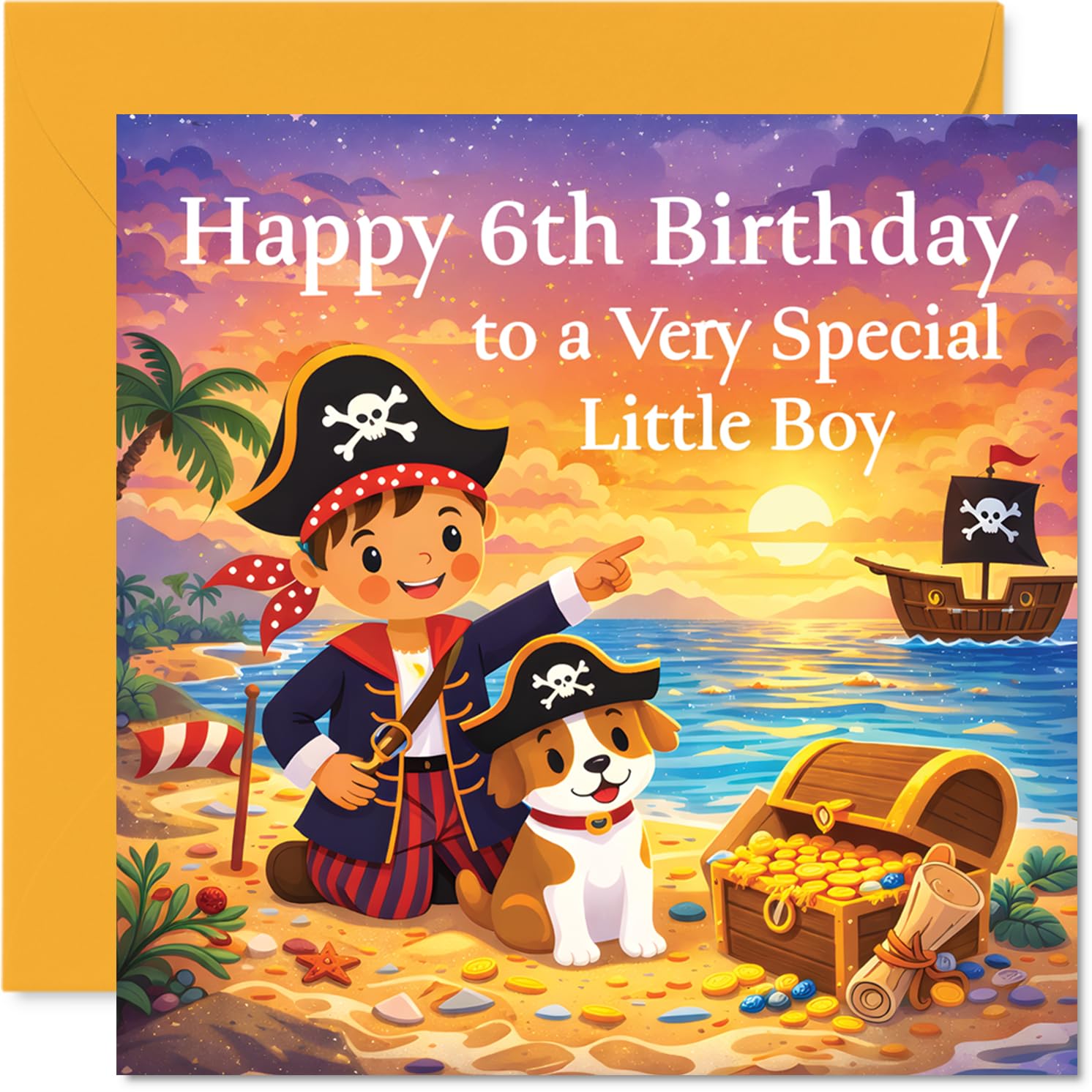 Playful 6th Birthday Card - Ahoy There, Matey! - Pirate Boy and Loyal Dog Celebration on a Colourful Beach - 145mm Square, Envelope Included
