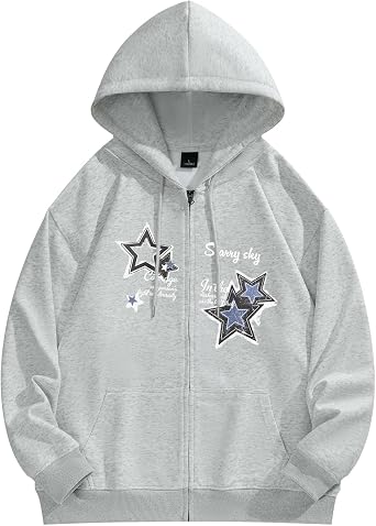 Mens Star Zip Up Hoodie Y2k Inspirational Zipper Hoodies Hooded Emo Jackets Aesthetic Graphic Sweatshirt Gothic Coat