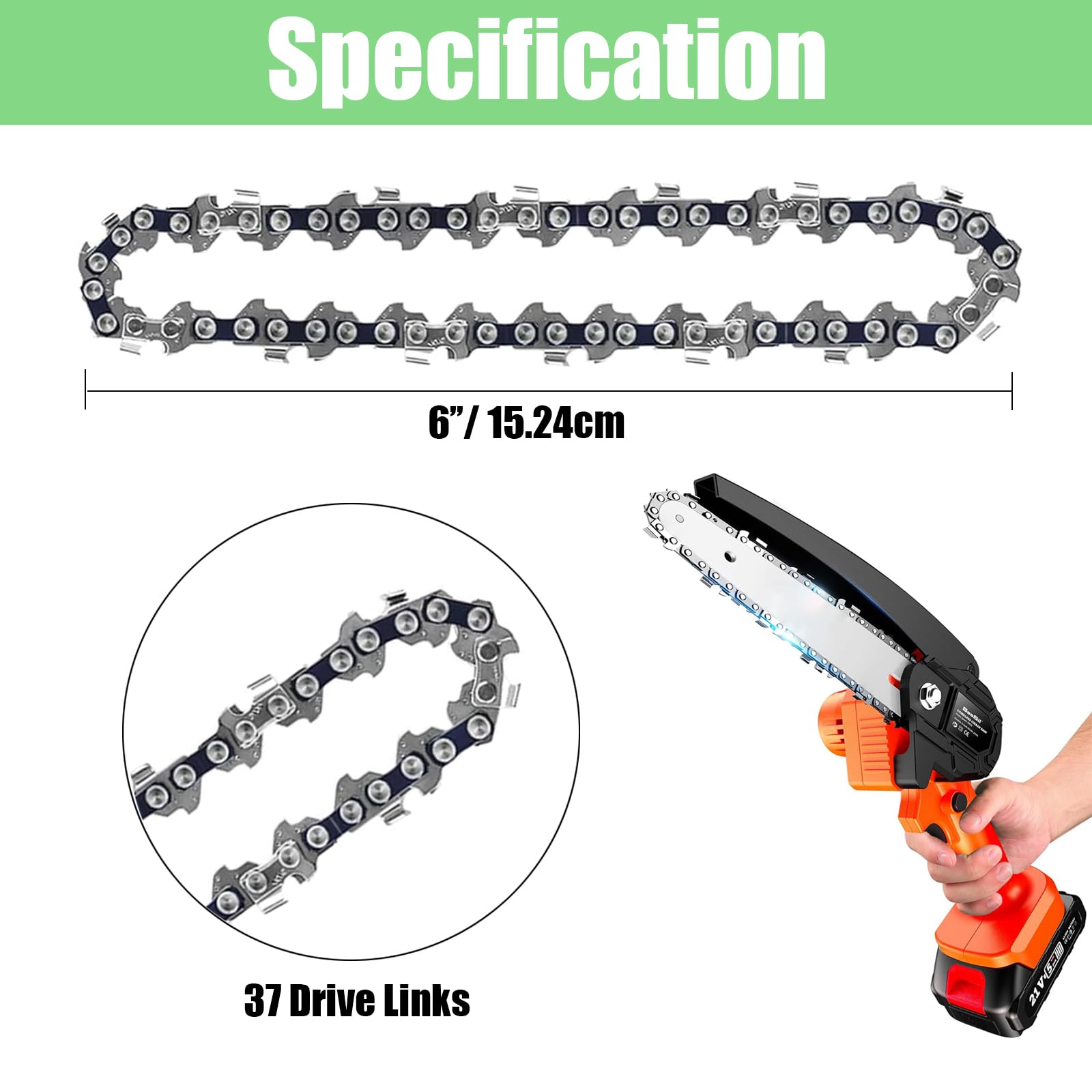 Mini cadena de motosierra de 6 pulgadas, 5 cadenas de repuesto para mini motosierra eléctrica inalámbrica portátil cadena de sierra guía para podar ramas, podar árboles, cortar madera, 37 eslabones de