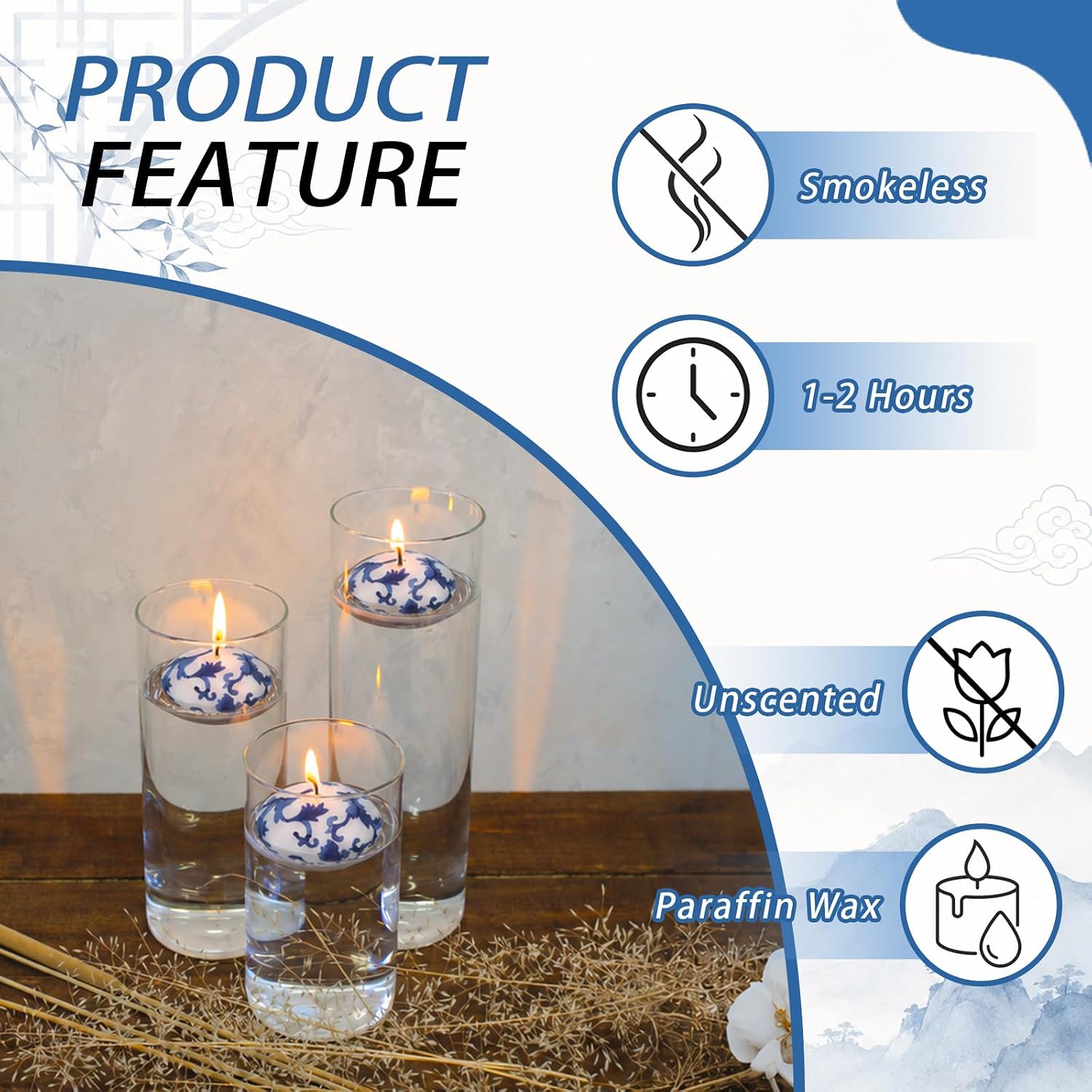 12 Pieces of Blue and White Porcelain Floating Candles, Long Burning Smokeless Dripless Unscented Decorative Candles for Home Decor, Wedding, Party, Festival & Gift Giving