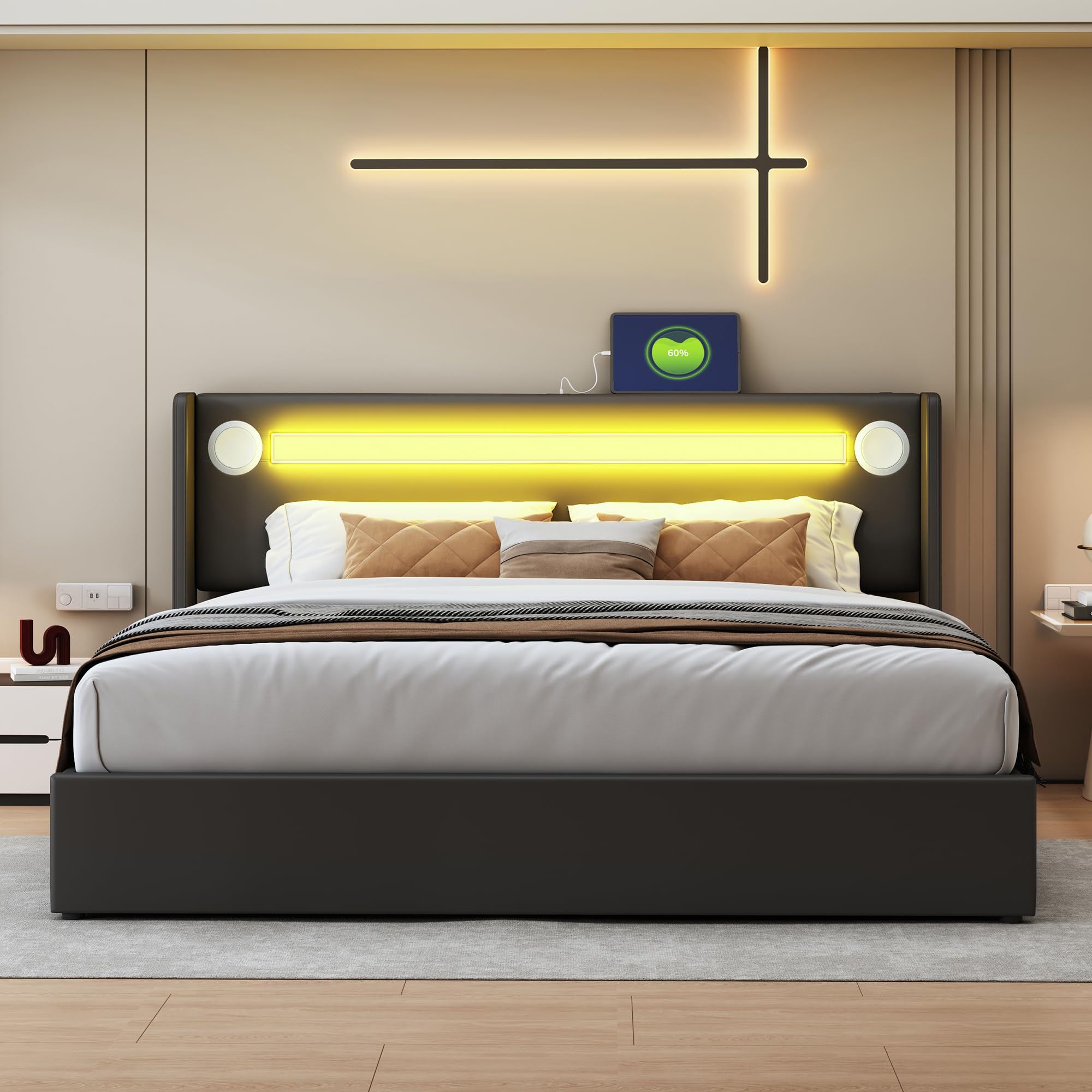 Letto Matrimoniale Imbottito Con LED E USB - 160x200 Cm, Beige, Testiera Imbottita, Contenitore