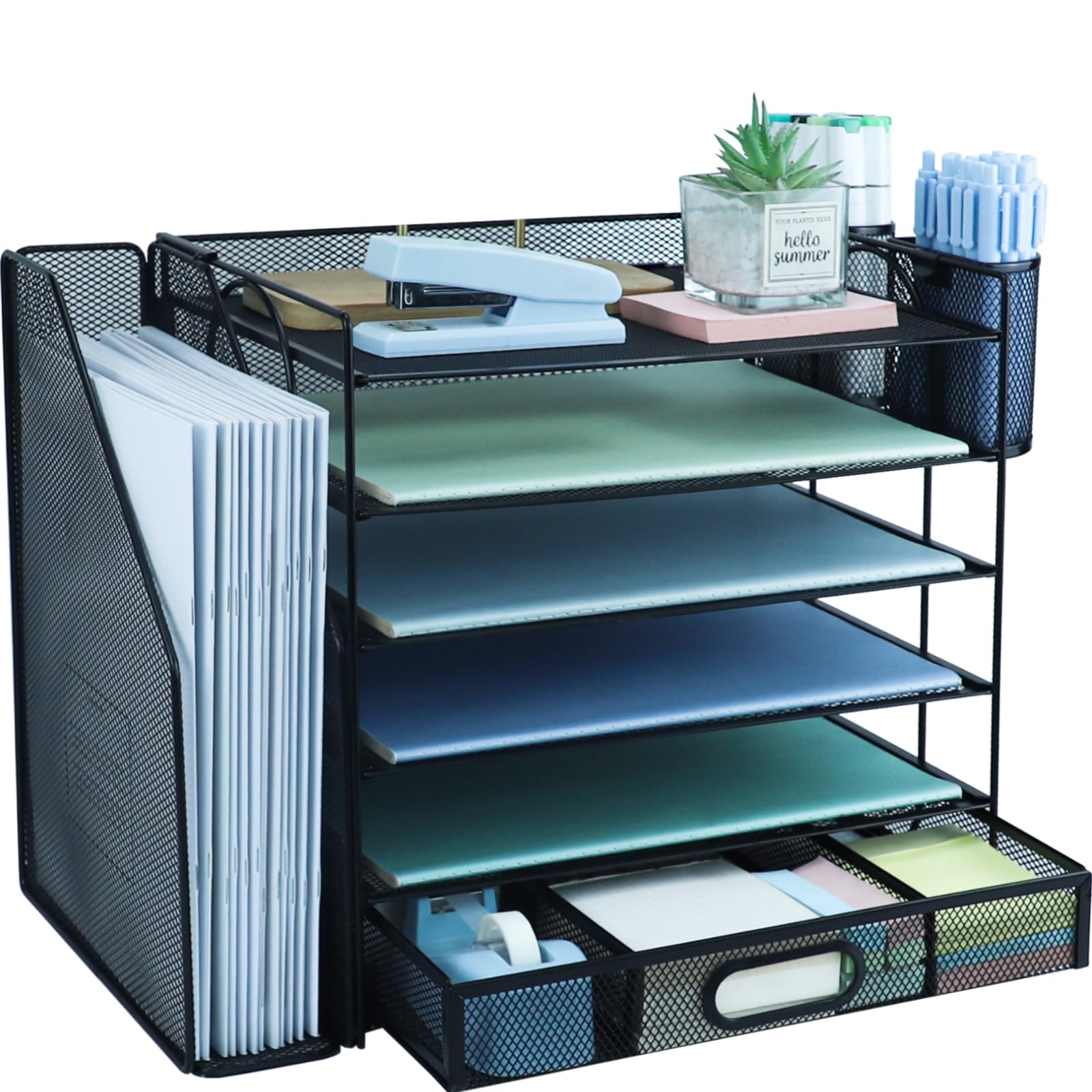 HIHOBDAY 6 Tier Desk File Organiser with Extra Vertical File Sorter, A4 Paper Letter Tray with Stationery Drawer, Magazine Document Holder for Home Office, Black
