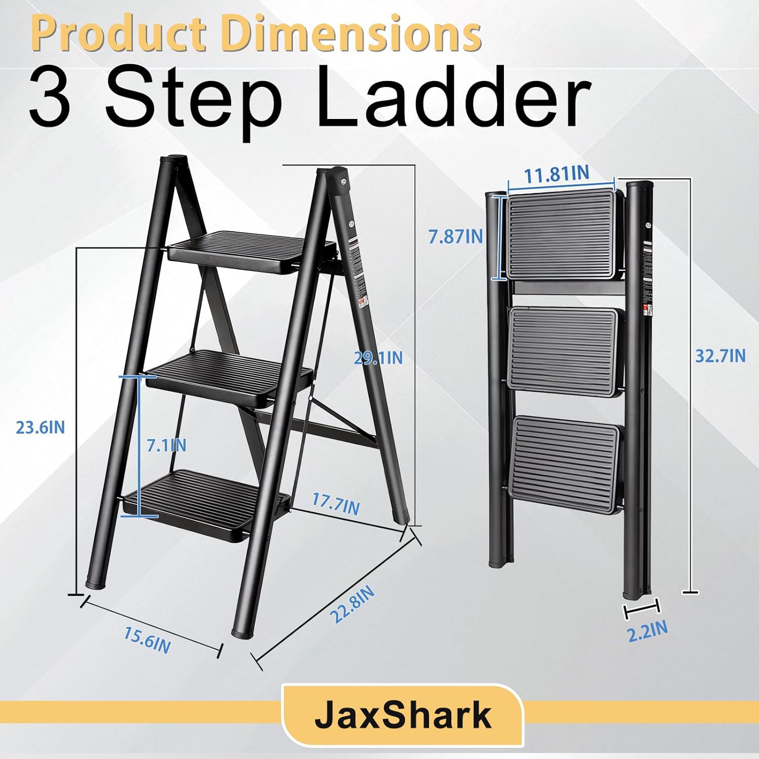 3 Step Ladder Folding Step Stool with 500LBS Capacity Sturdy Carbon Steel Frame Anti-Slip Thick Pedal & Feet Portable for Home Kitchen Garage (black-3step)