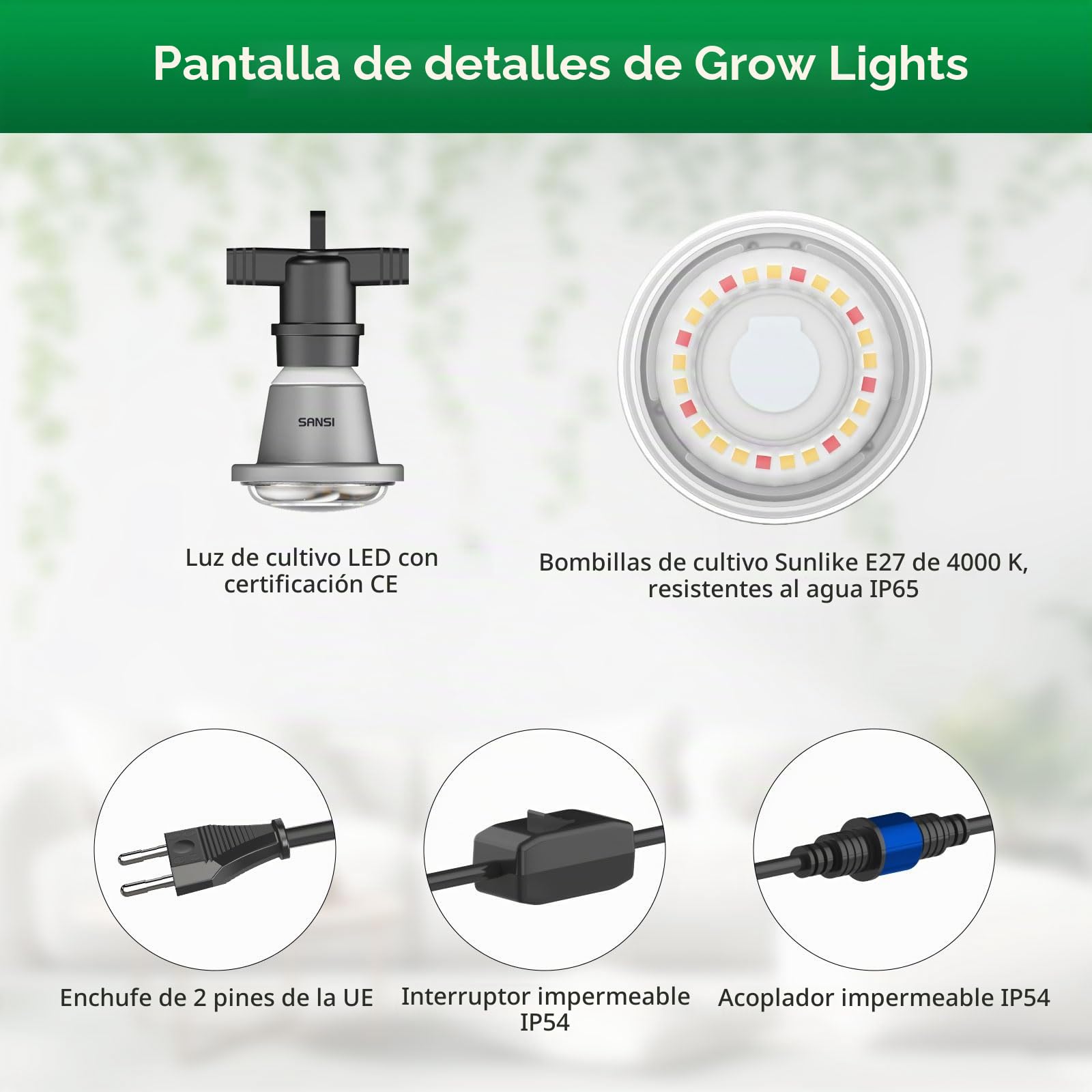 SANSI Lámpara de Planta con 6 Bombillas de Crecimiento LED E27 12W, Luz de Cultivo Espectro Completo IP54 Impermeable para Germinación y Floración Plantas Interiors Exteriores - 6,7 Metros | Con 6 bombillas E27 de 12 W para plantas de interior, invernader