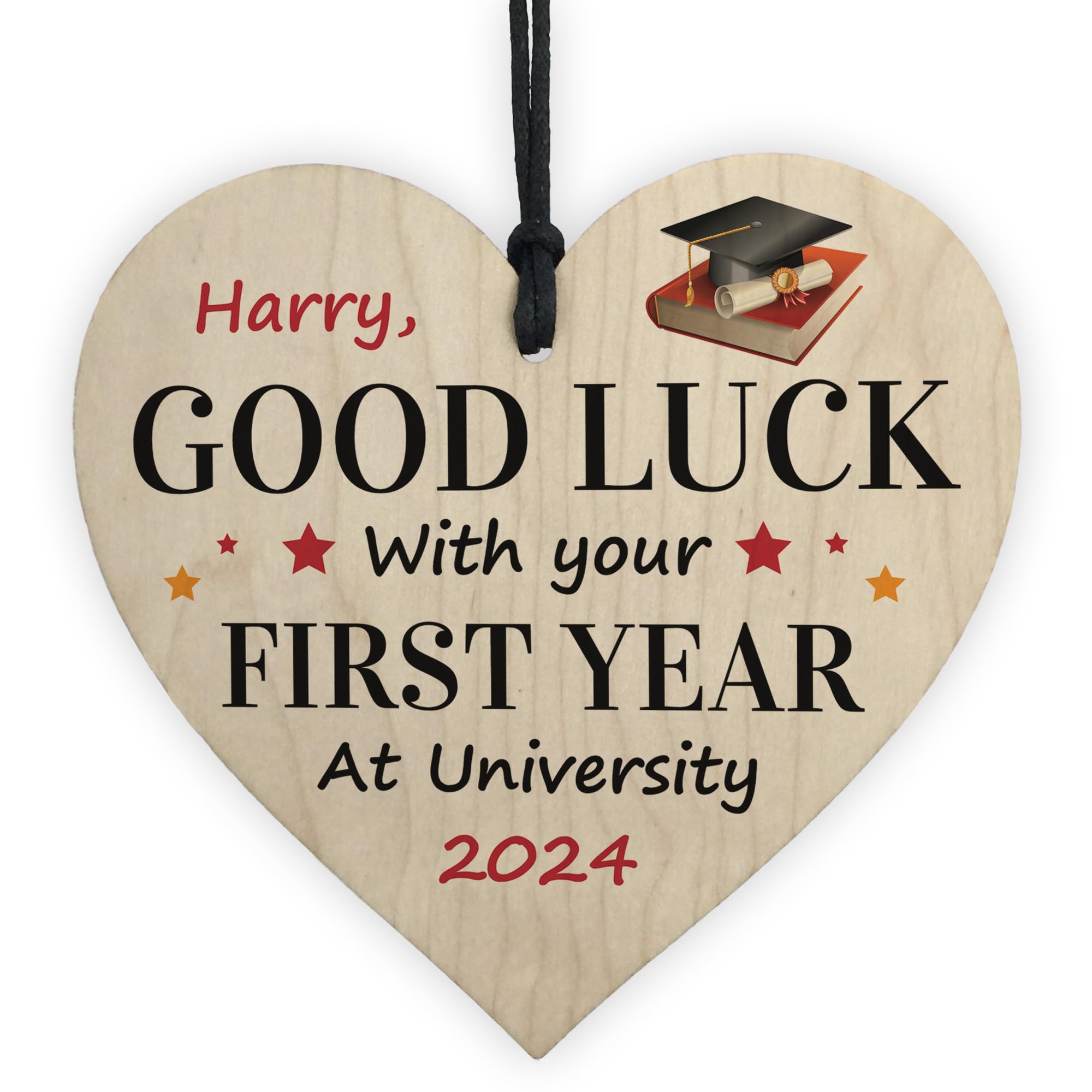 Red Ocean Personalised Good Luck First Year At University, Good Luck For Son Daughter Friend, Personalised University, Wooden Hanging Heart, First 1st Year