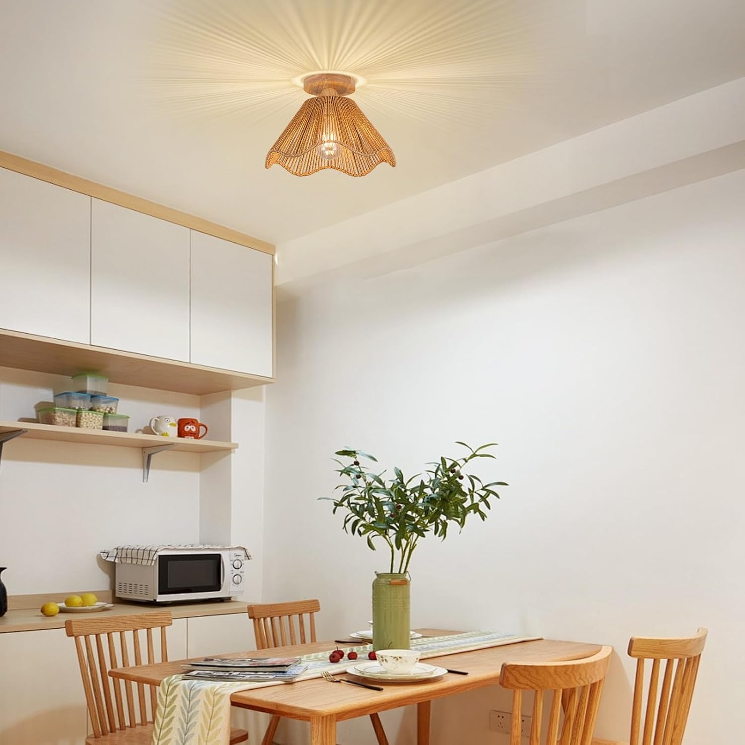 D12.5 Inch Boho Light Fixtures Ceiling Mount Boho Rattan Ceiling Light Flush Mount Mini Chandelier Bedroom Hallway Entryway Bathroom Nursery