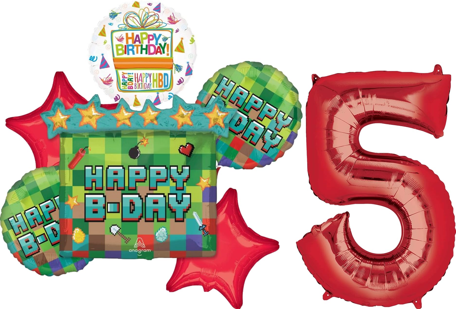 Miner Theme 5th Birthday Party Supplies Video Gamer Pixel TNT Balloon Bouquet Decorations