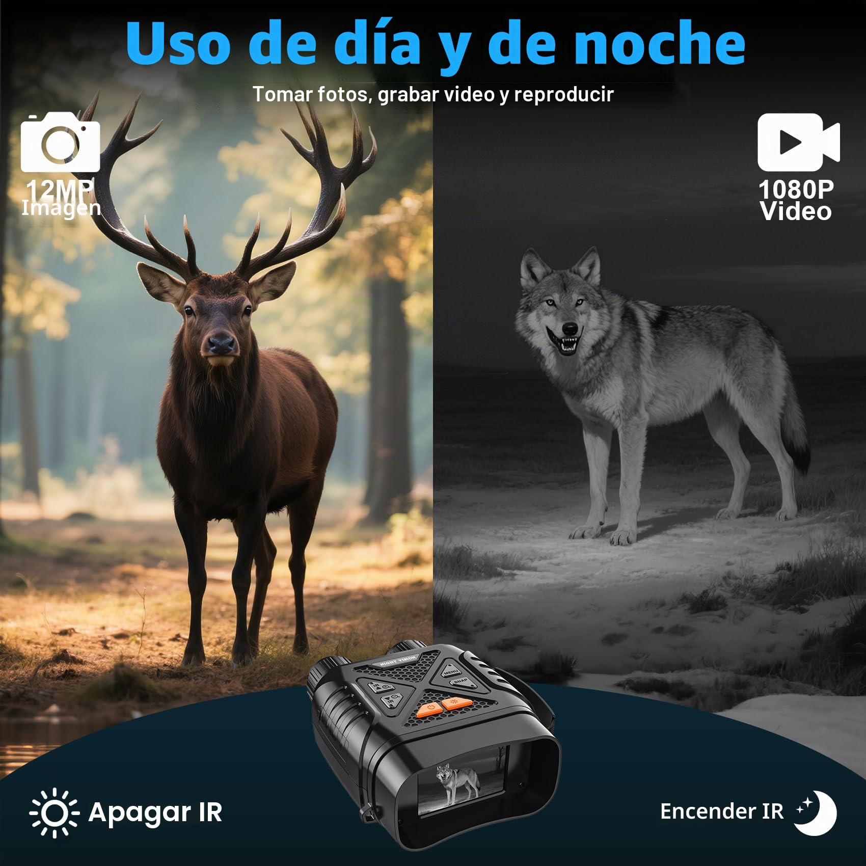 Binoculares Visión Nocturna, 7 Niveles de Infrarrojos, Zoom Digital 10X/ Rango de 800m/ Una Pantalla HD de 2.8"/ 2000mAh Recargable con Tarjeta 32GB/ para Cazar/Acampar