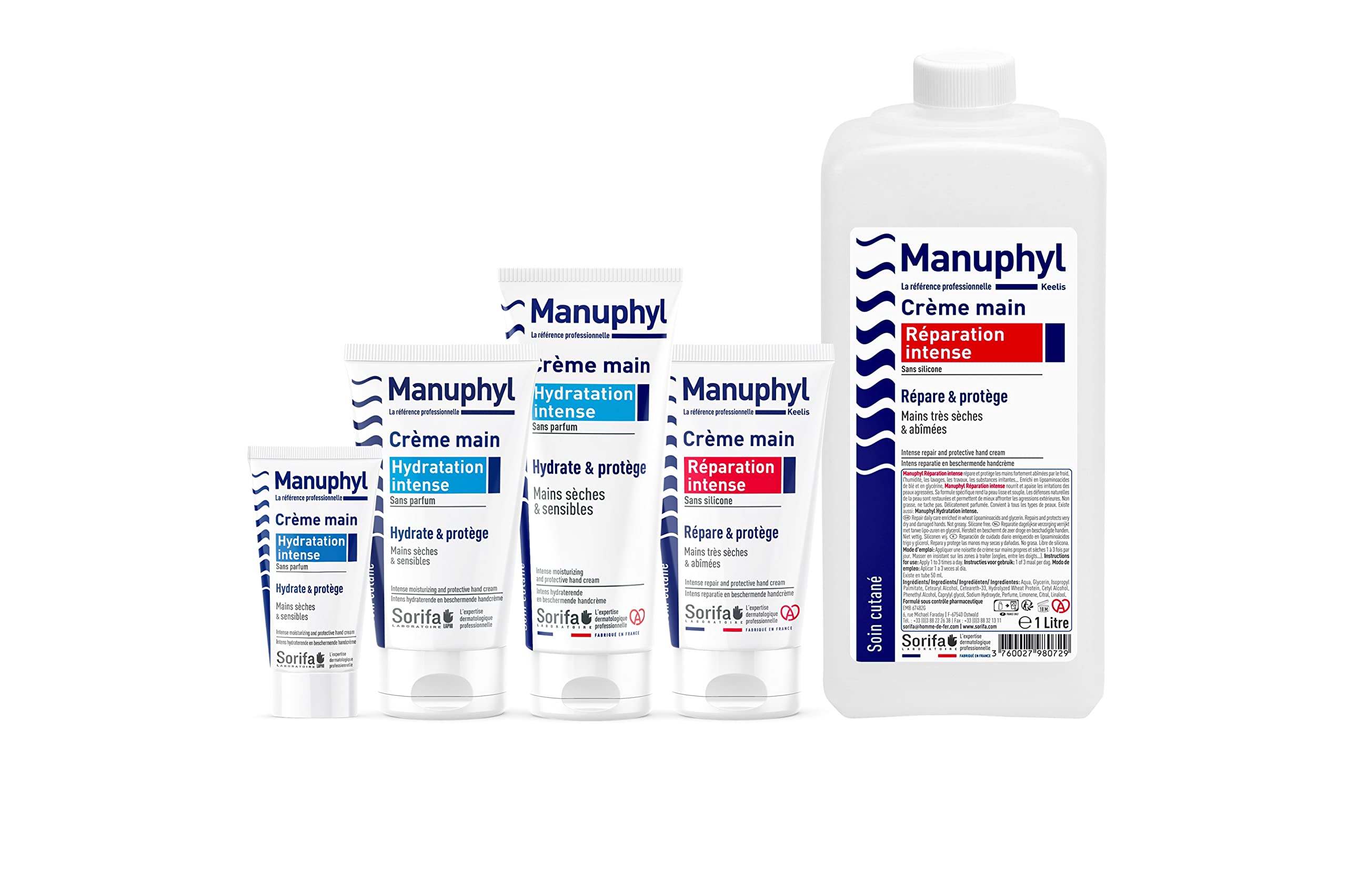 Juego de 40 Manuphyl Crema Hidratación Intensa - Hidratante y protectora - Manos secas y sensibles - No grasa, sin perfume, enriquecida con alantoina y proteínas de trigo - Tubo 100 ml
