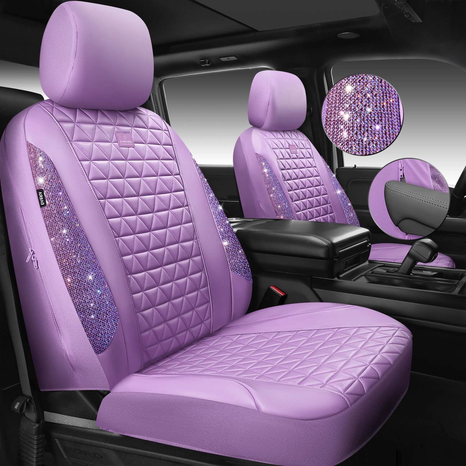 CAR PASS Light Purple Bling Diamond Leather Car Seat Covers Full Sets, Waterproof Shining Glitter Sparkly Crystal Universal Armrest Fit for Automotive Truck SUV Cute Women Girl,Lavender Rhinestone