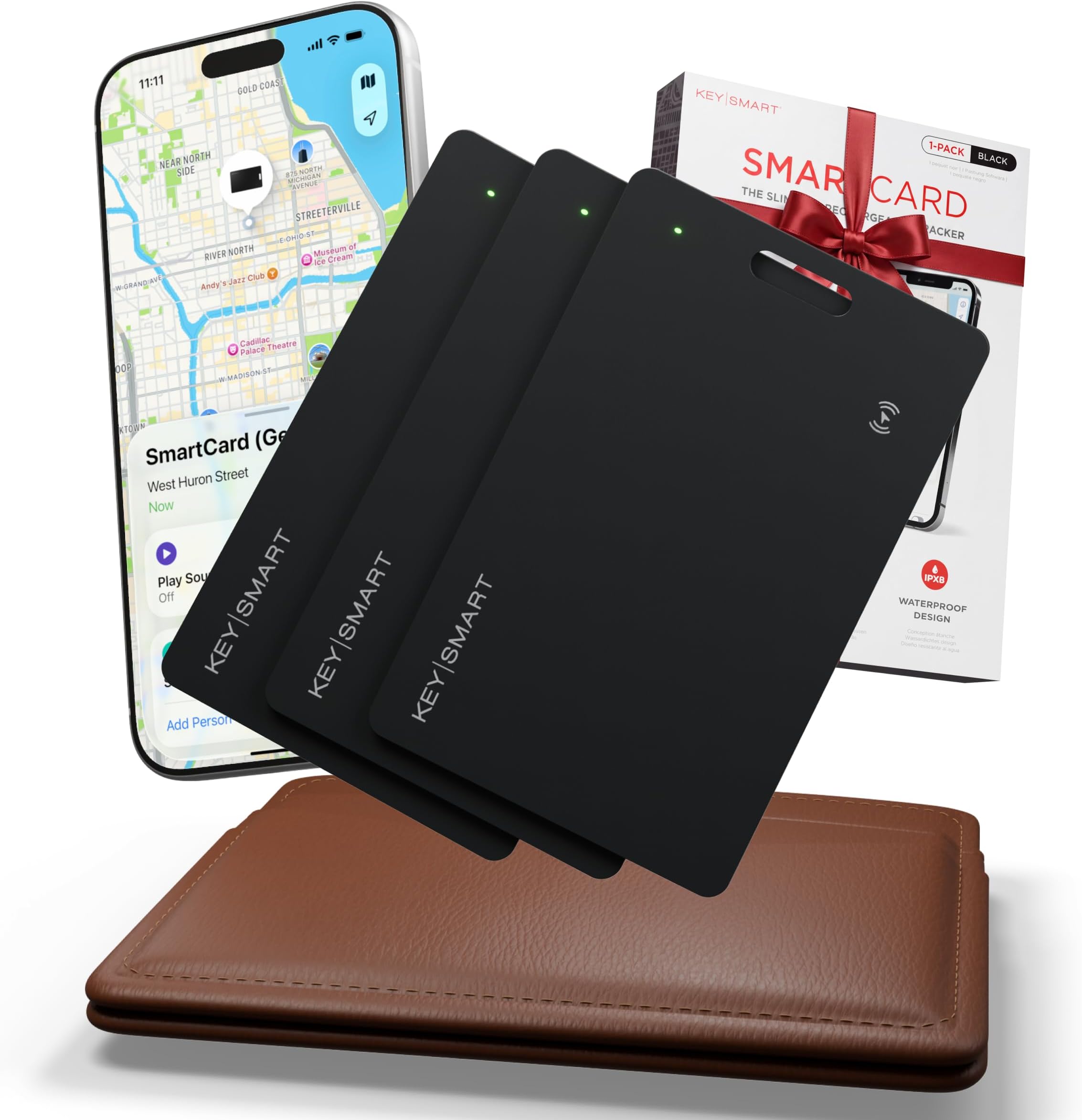 MFI-Certified SmartCard Wallet Tracker Card, Compatible with Apple Find My App, Rechargeable Thin GPS Item Finder for Luggage Tag, Smart Bluetooth Tracking with Key Chain Hole Black, 3 Pack