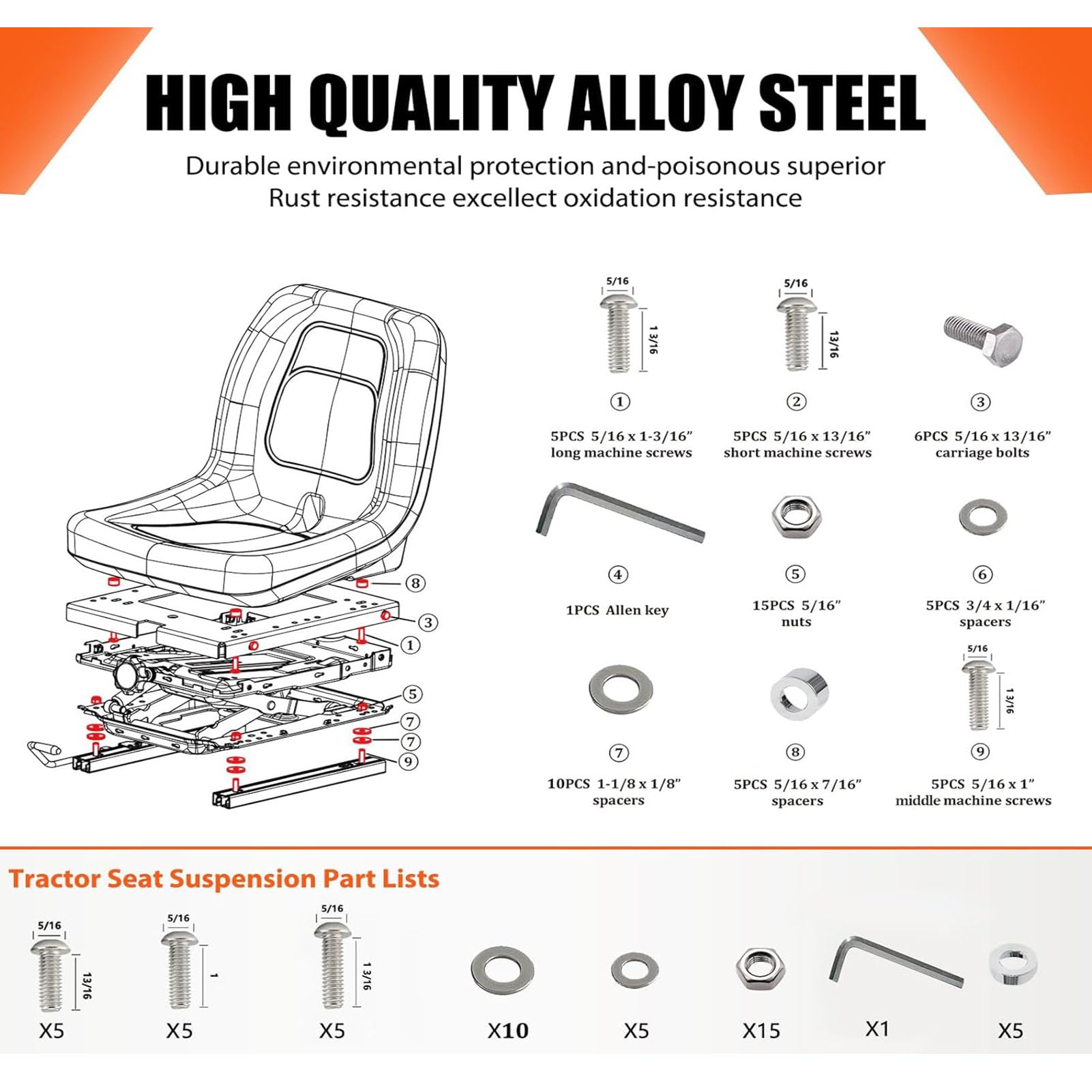 Kit de Suspensión de Asiento para Tractor, Ajustable y Cómodo, Amortiguador con Riel Deslizante, Repuestos para Maquinaria Agrícola, Mantenimiento de Cortacésped de Cero,