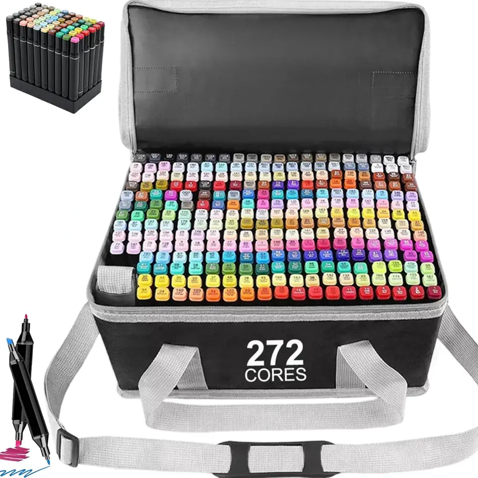 272 Cores Conjunto de Canetas Marcador Permanente Canetinhas para Colorir Touch com Ponta Dupla para Desenhos Profissional e Escolar Com bolsa de armazenamento de mochila e suporte para caneta