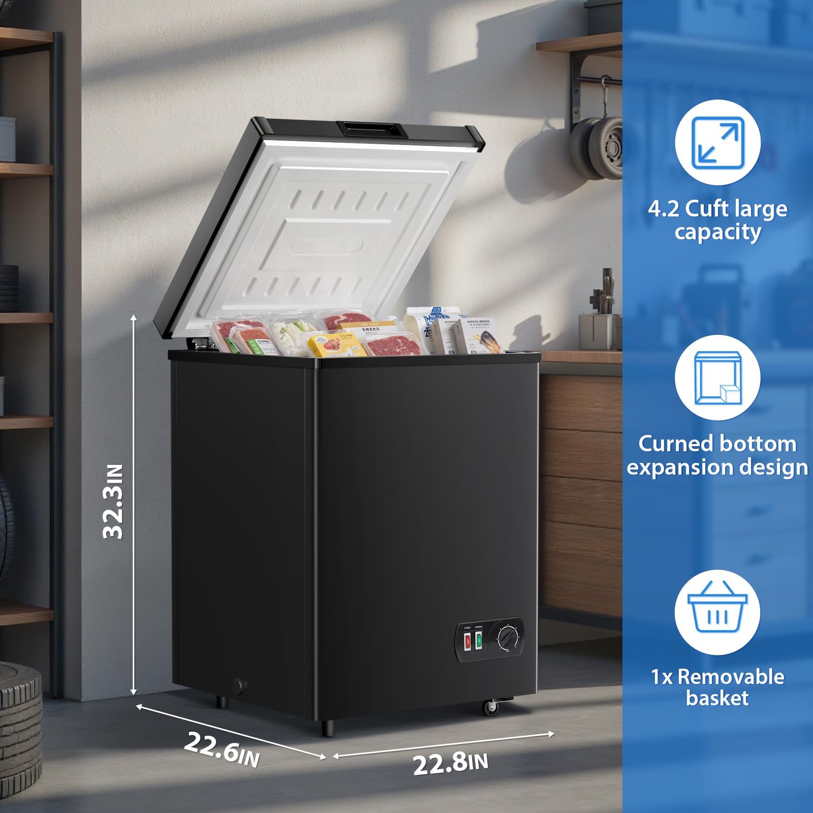 LifePlus 4.2 Cu.Ft Small Deep Freezer, 7-Temp Adjustable Chest Freezer with Removable Basket, Wheels, Ultra-Quiet, Energy Saving, Top Open Door for Apartment, Garage, Office, Black on Fridge.com