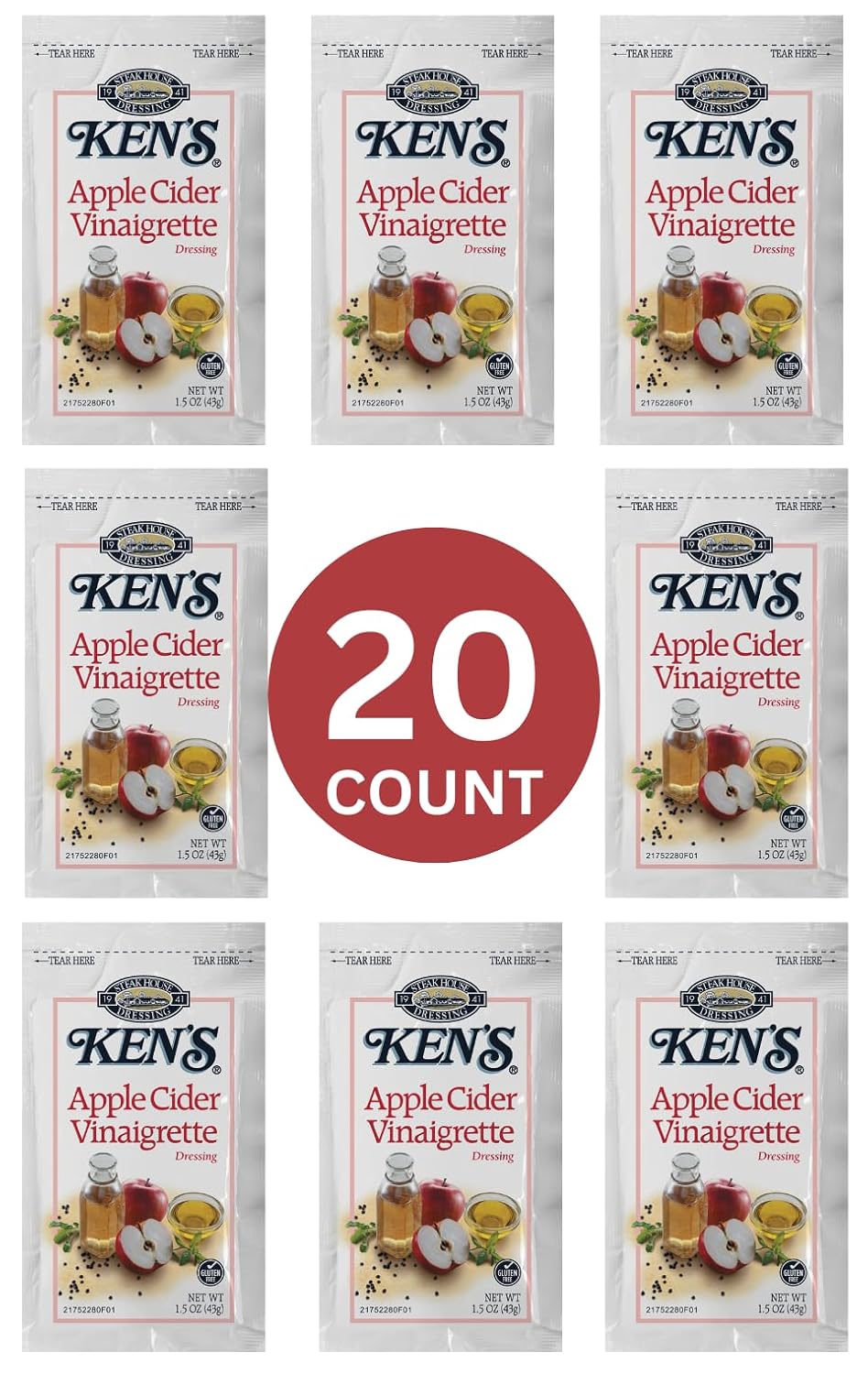 Apple Cider Vinaigrette Dressing | 20 Count | 1.5 oz Each | Single Serve Packets, Salad Pouch, To Go Cups, Travel Size Lunch Portion