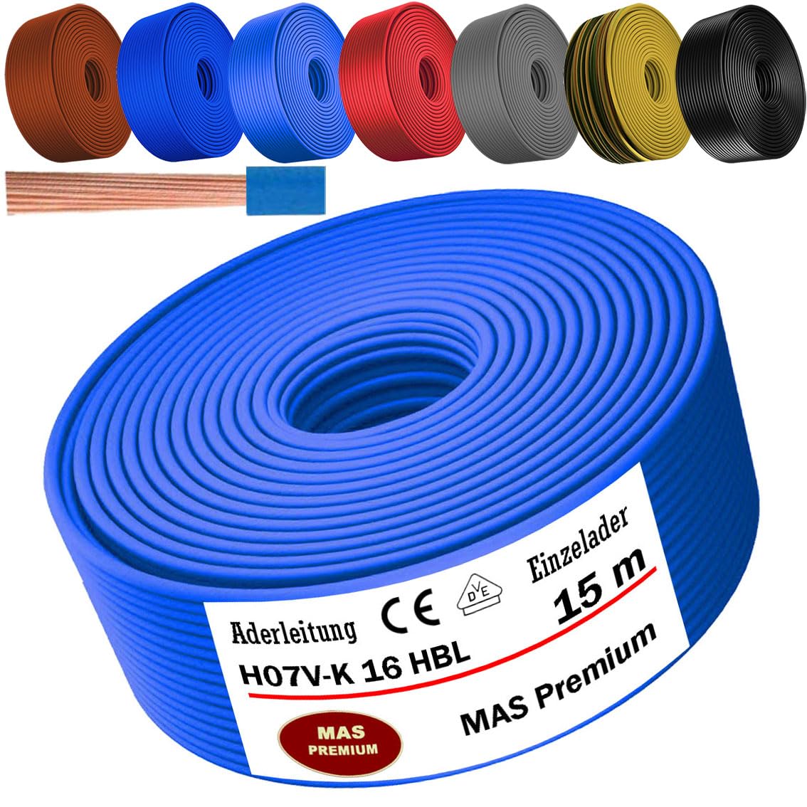 MAS Premium Cable de 5 a 100 m H07 V-K 16 mm² negro, marrón, azul oscuro, amarillo verdoso, gris, azul claro o rojo, cable individual flexible (azul claro, 15 m)