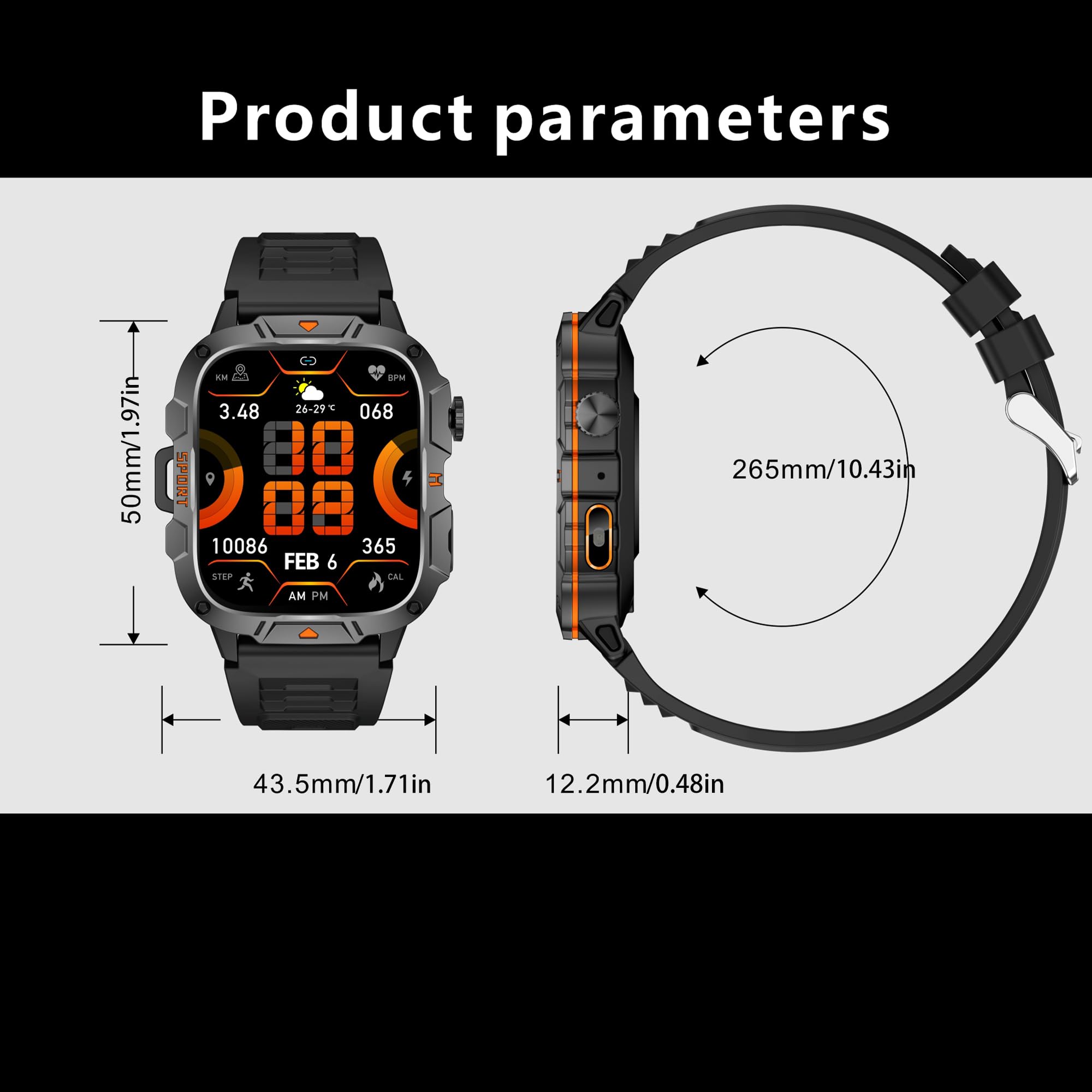 1,96" AMOLED Smartwatch Herren mit Telefonfunktion, Taschenlampe, Sportuhr mit Bluetooth Anrufe mit Schrittzähler, 5ATM Wasserdicht Smart Watch für iOS Android(2 Armbänder) (Orange)
