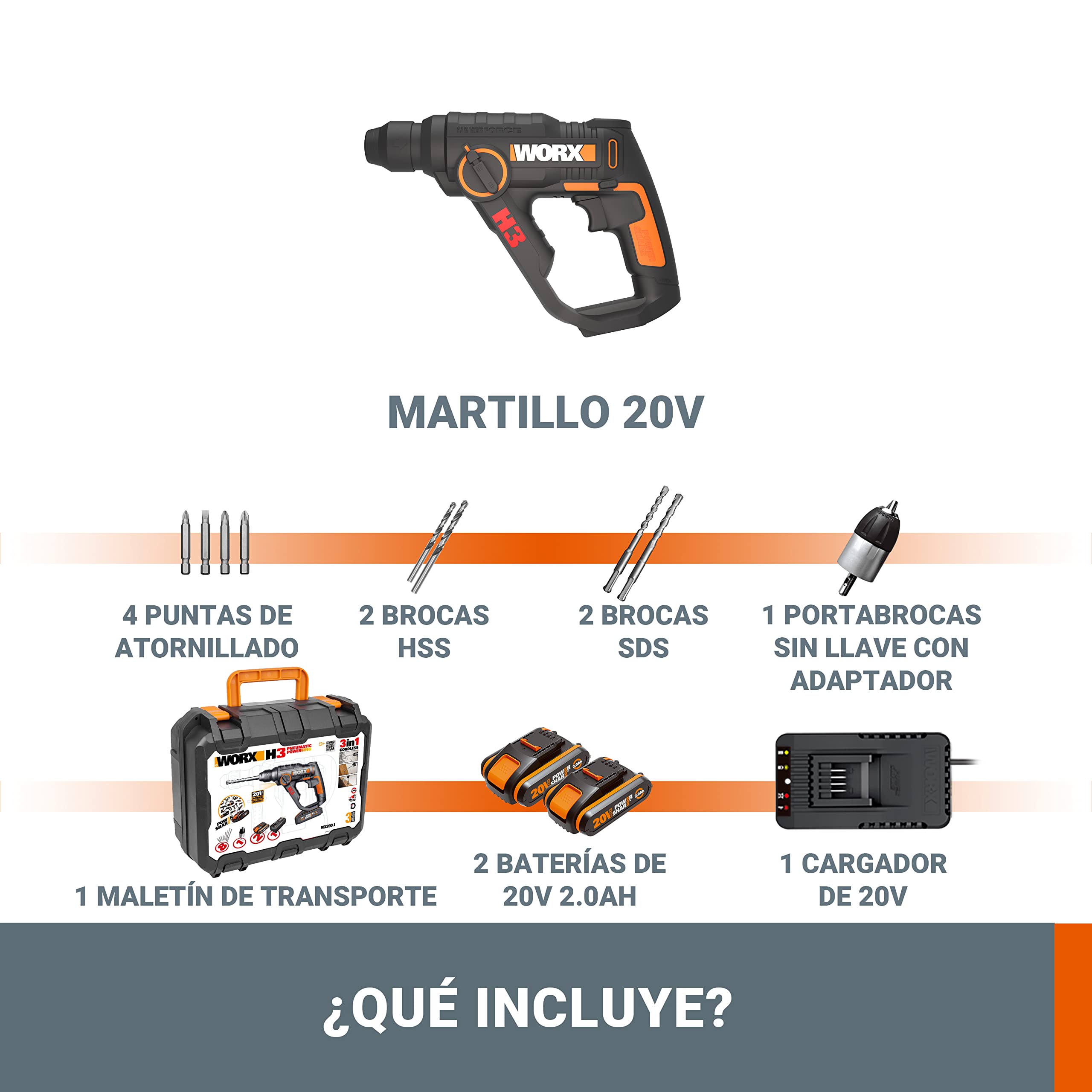 WORX WX390.1 Martillo perforador sds plus 20V-2Ah, 1,2J, velocidad variable, compacto y ligero para hormigón y mampostería, 2 baterías, cargador y maletín