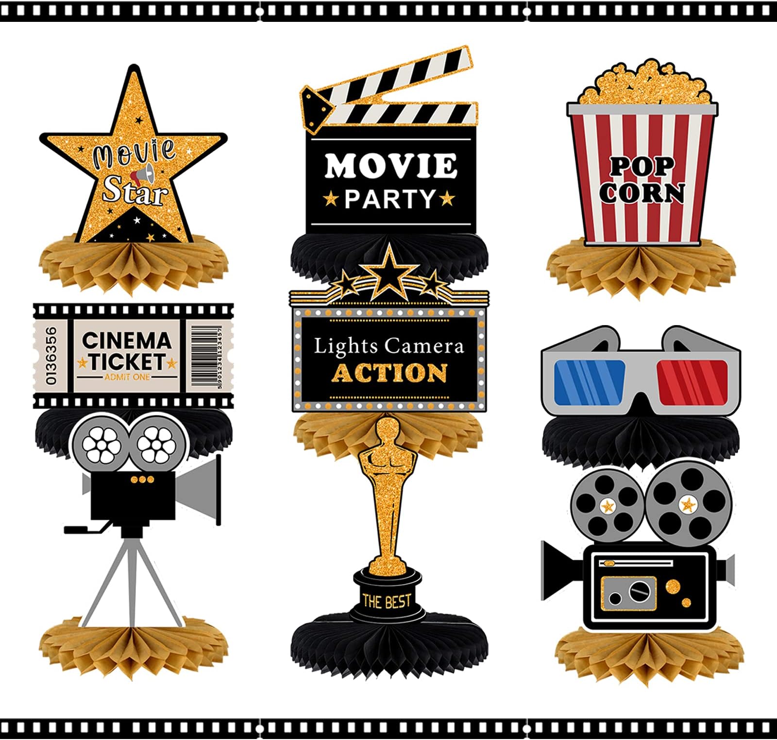 LINGTEER Hollywood Movie Night Table Honeycomb Centerpieces - 9Pcs Oscar Movie Star Cutouts Happy Birthday Film Party Table Decorations Sign.