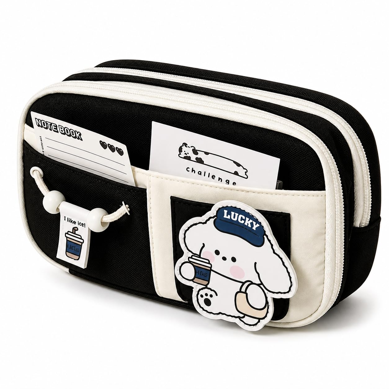 WORSHIPER Cute Cartoon Double Zipper Pencil Pouch for Girls & Boys – Large Capacity School Stationery Organizer with Front Pocket, Waterproof Fabric Pen Case for Students (Black)-image-39