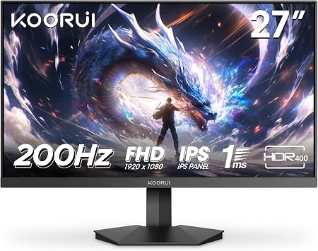 KOORUI G2711P 27 inch FHD Gaming Monitor 200Hz, Fast IPS, 1ms, HDR400, Adaptive Sync, 1920x1080 HDMI 2x 2.0 DP 1x 1.4 Black