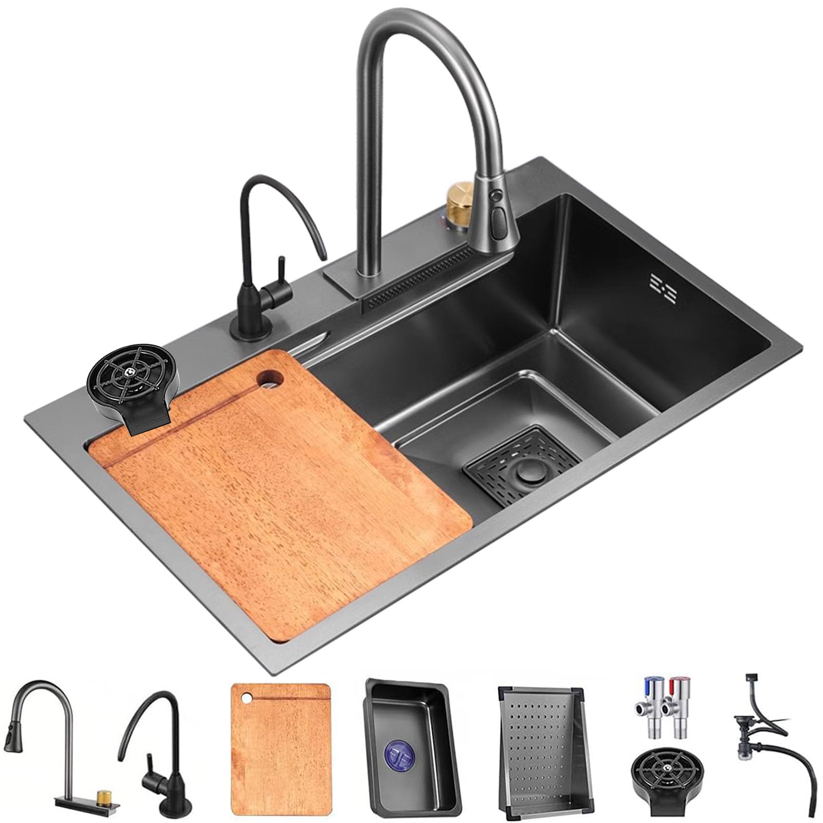 WIQUYBML Black Kitchen Sink, Flying Rain Waterfall Sink,304 Stainless Steel Bar Home Sink Vegetable Basin Single Drop-in Workstation (Color : B, Size 75x45cm)