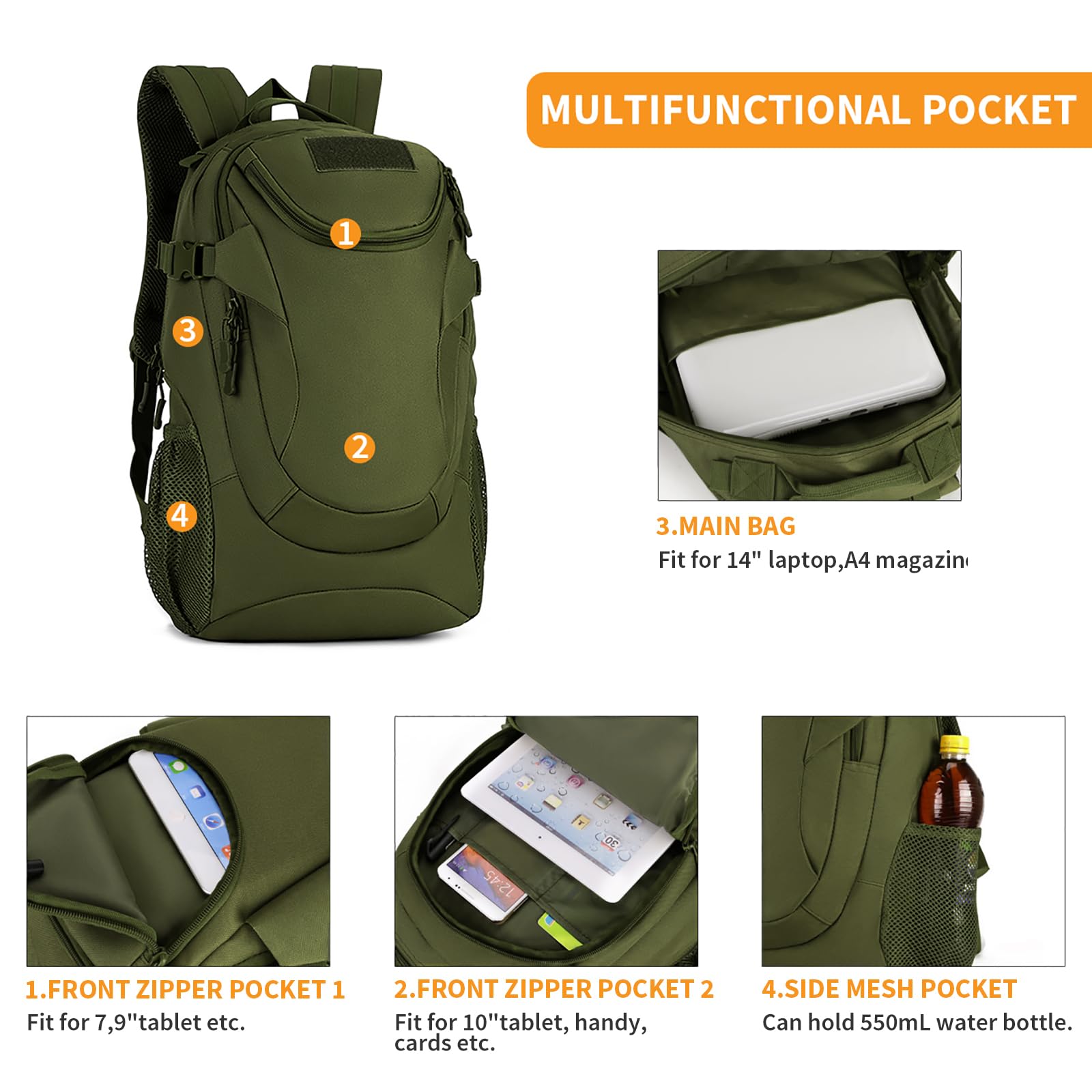 HUNTVP Zaino Sportivo 25L Zainetto Militare Tattico Molle per Campeggio Alpinismo Escursionismo Ciclismo Viaggio Trekking Sport