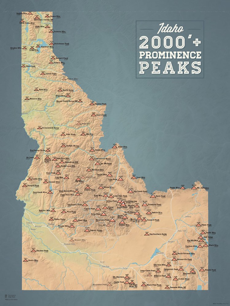Idaho 2000' Prominence Peaks Map 18x24 Poster (Natural Earth)