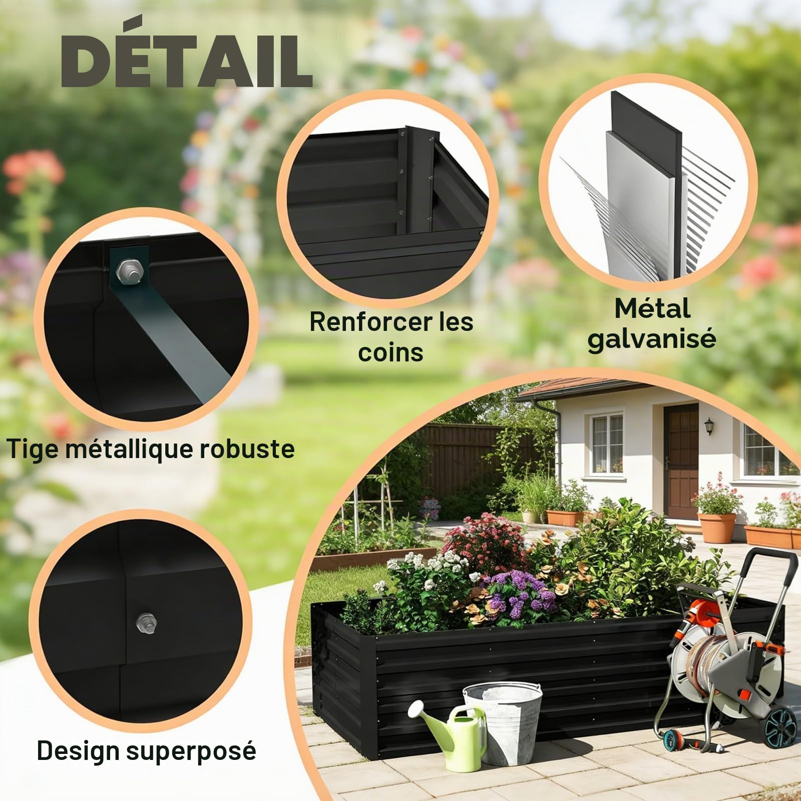 Potager Surélevé Métal 300x120x58cm, Lit de Jardin Fond Ouvert, Potager Surélevé Acier Galvanisé, Jardinière Extérieur Jardin Antirouille pour Culture Légumes Fleurs Herbes Aromatiques, Noir