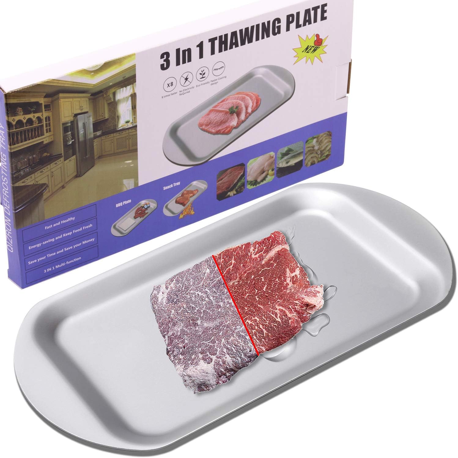 QIZRON BBQ Defrosting Tray | Fast Thawing Plate Board for The Safest Way Natural ECO Rapid Thaw Frozen Meat Fish | Premium Quality Defrosting Mat with HDF High-Density Aerospace Alloy, Non-Stick