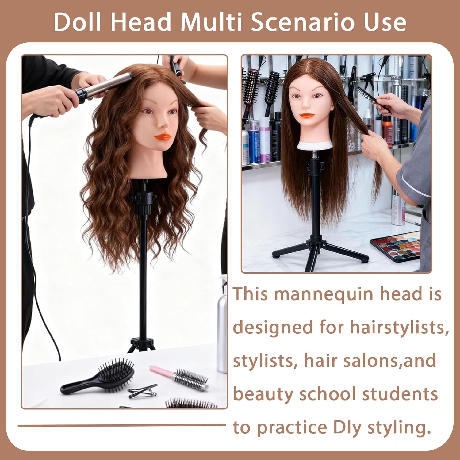 Mannequin Head with 100% Human Hair, TopDirect Real Hair Cosmetology Mannequin Head Hair Styling Hairdressing Practice Training Doll Head with Clamp Holder and Tools (Dark Brown)
