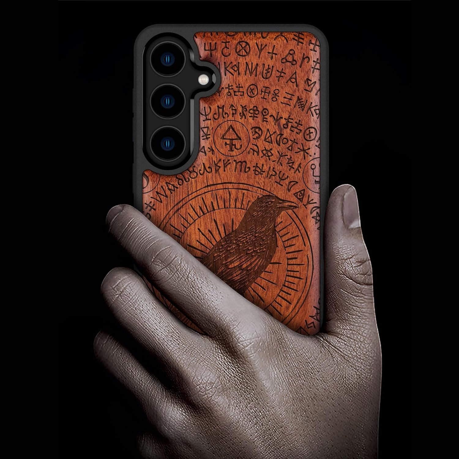 Carveit Wood Case for Galaxy S24 Case [Natural Wood & Black Soft TPU] Shockproof Protective Cover Unique Wooden Design Compatible with Samsung S24 (The Haloed Crow-Rosy)