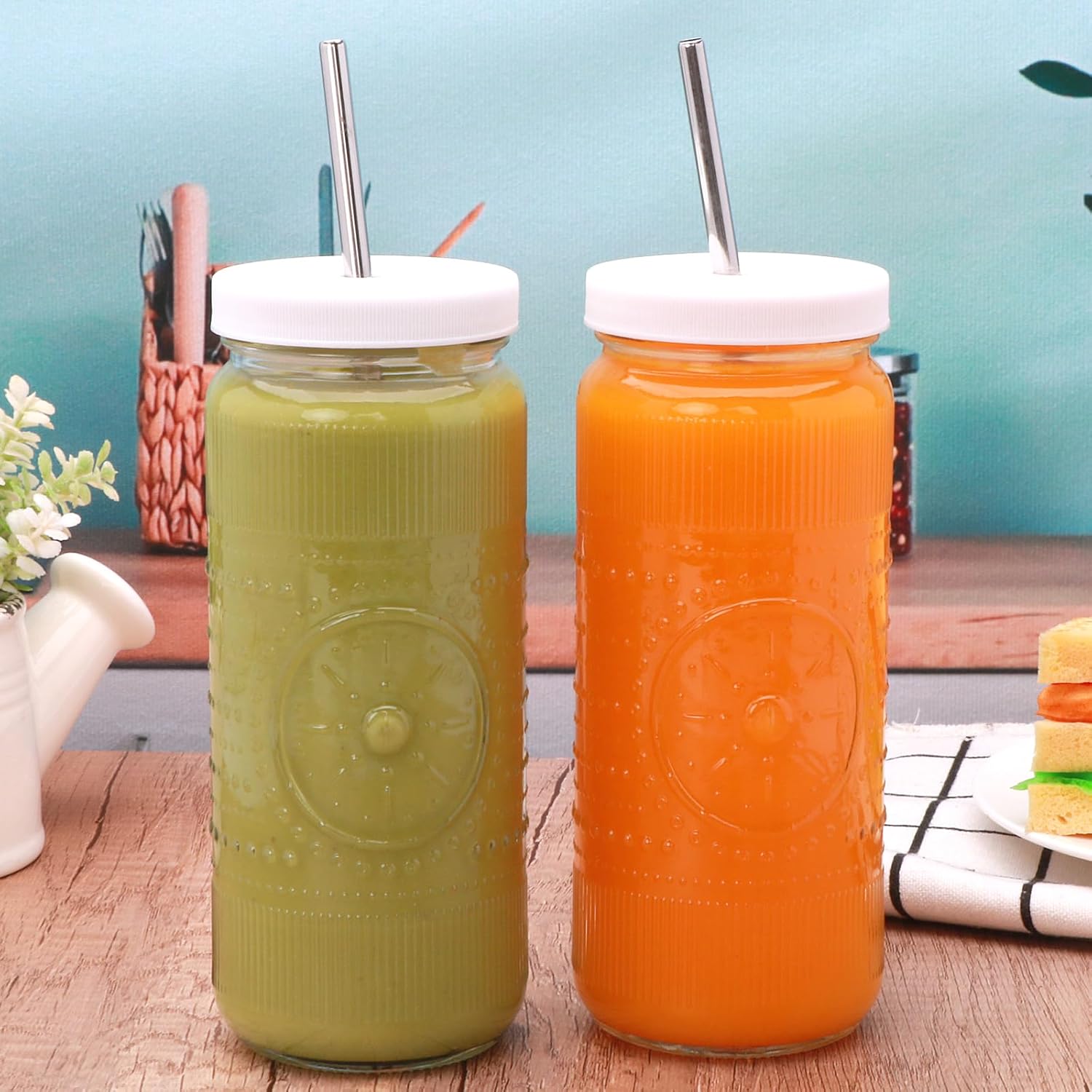 Encheng 12 Pack 16oz Glass Juice Bottles,Reusable Juicing Bottles with Lids and Straws,Embossed Juice Containers Kombucha Bottle Smoothies Jars for Water, Iced Coffee,Party,Travel - Image 4