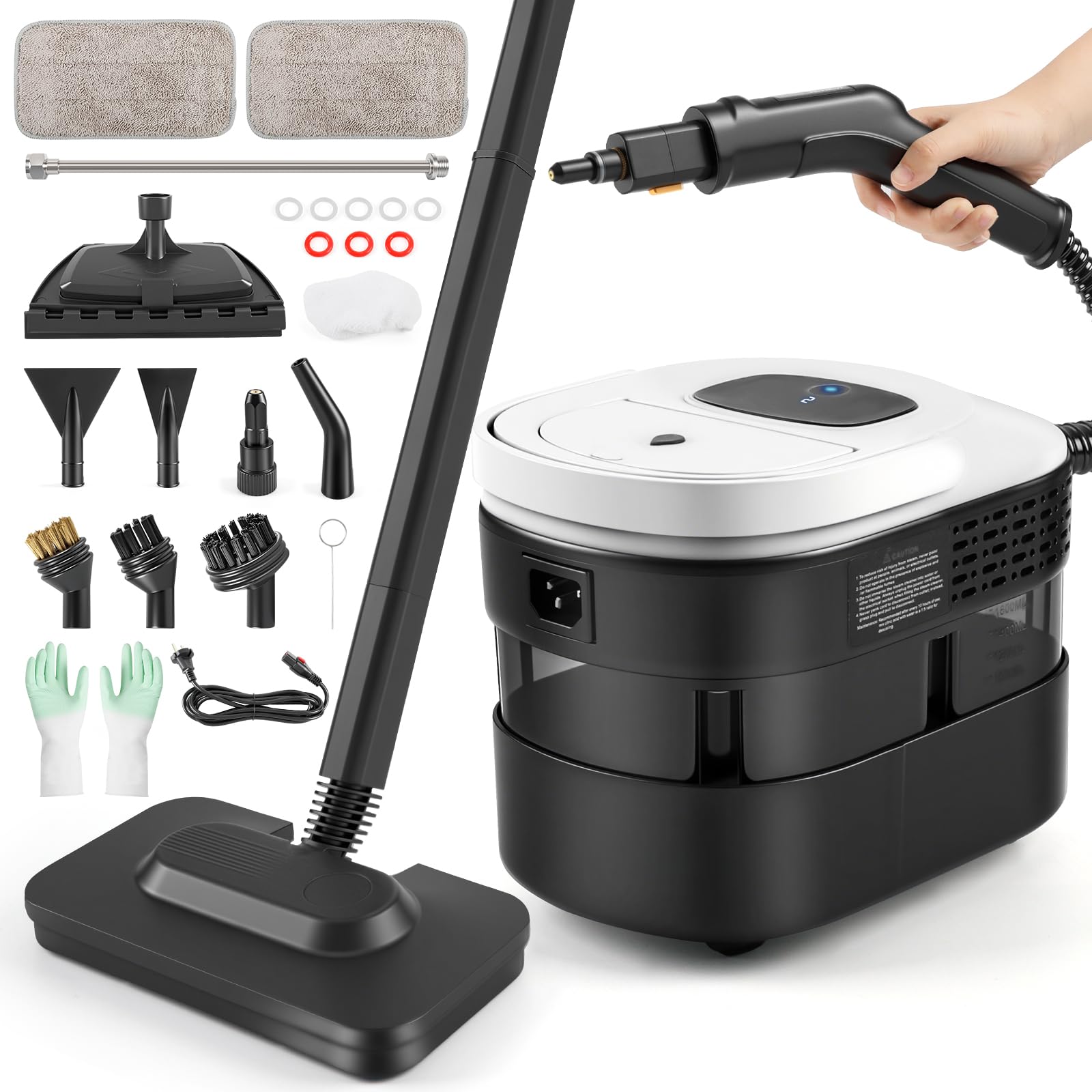 Limpiador de vapor manual, 2500 W, limpiador de vapor para todo con 15 accesorios, presión de vapor de 4,5 bar, depósito de 1600 ml, portátil para ventanas, cocina, suelo, coche