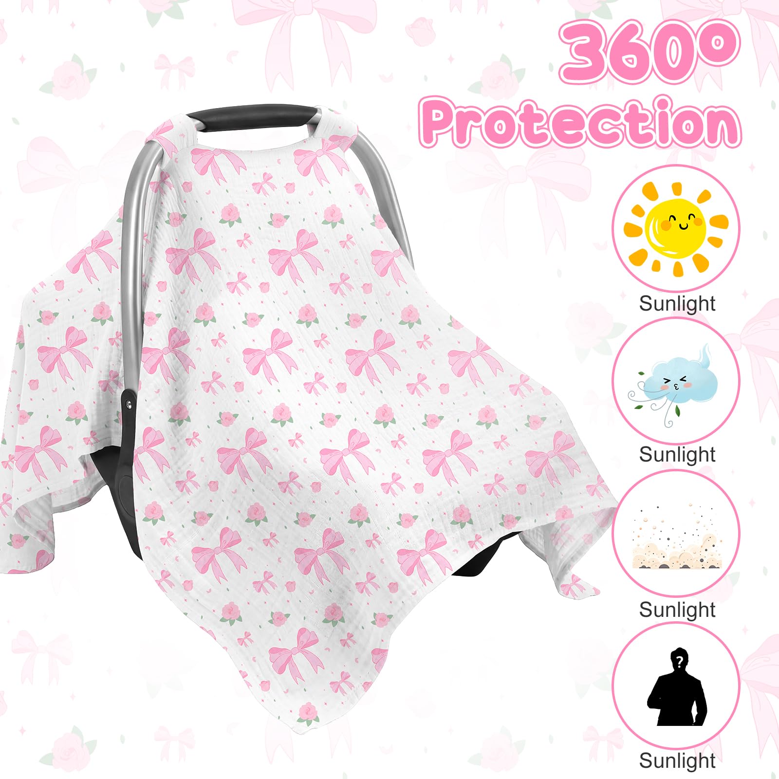 Car Seat Cover Baby, Muslin Cotton Infant Car Seat Canopy, Universal Baby Car Seat Cover, Breathable Nursing Cover Canopy Shower Gift - 4