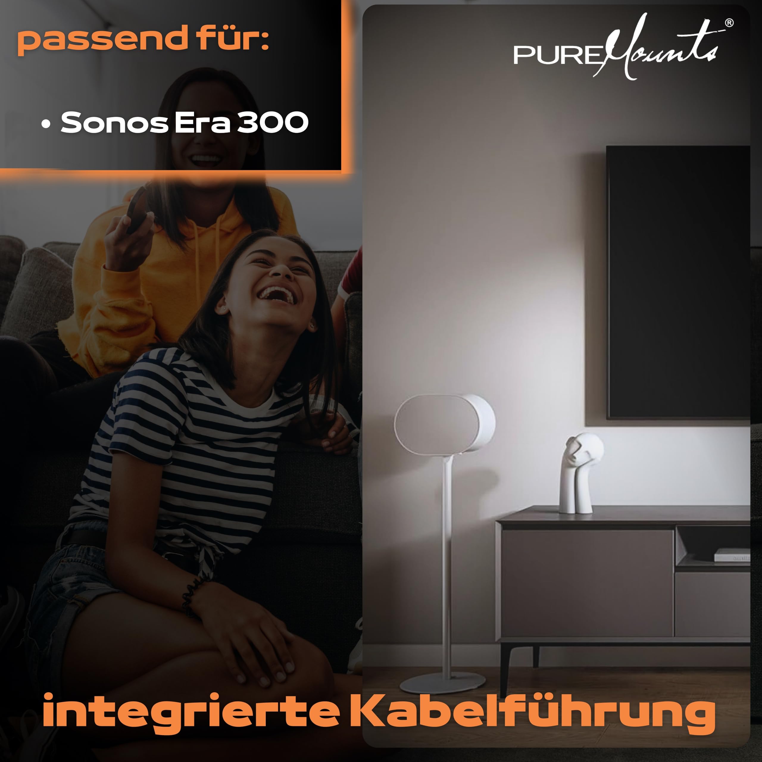 PureMounts Lautsprecherständer für Sonos Era 300, Lautsprecher Ständer, Boxenständer mit Kabelmanagement, 5Kg Tragkraft, weiß