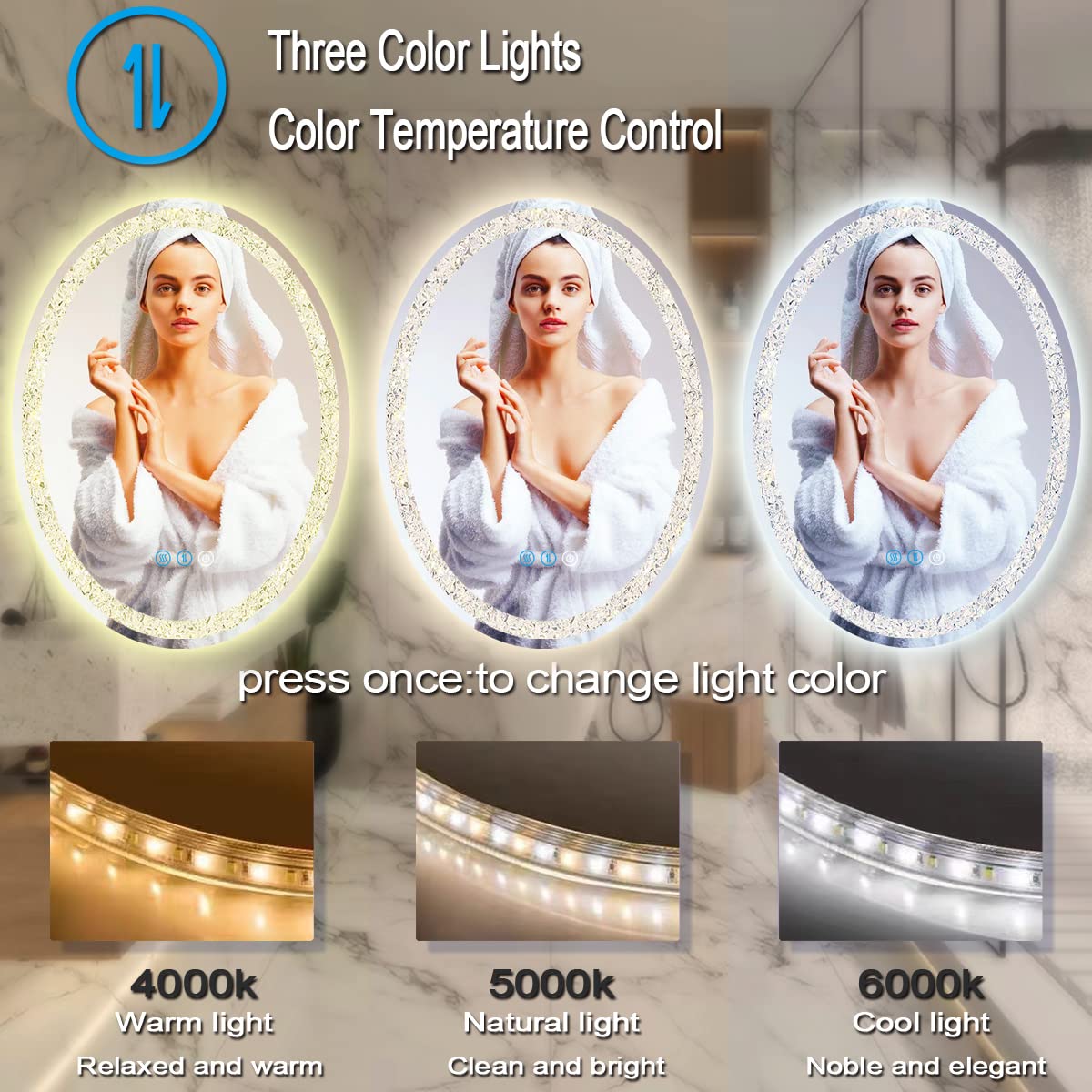 24 x 32 inch Bathroom Crystal Oval Vanity Mirror with Lights 3 Color ...