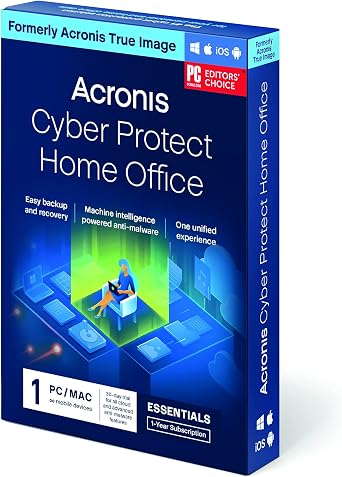 Acronis Cyber Protect Home Office formerly Acronis True Image | Essentials Version | 1 PC/Mac | Personal cyber protection | Local backup, cloning, recovery, anti-ransomware and more | 1-year
