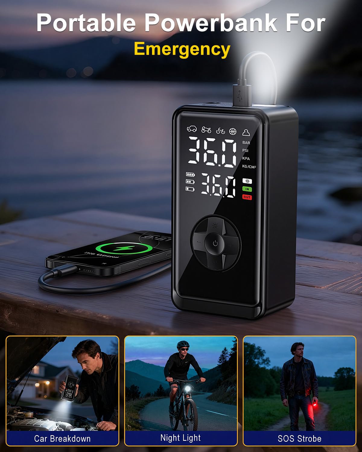 Tire Inflator Portable Air Compressor, Auto Air Pump for car tires with Digital Tire Pressure Gauge, Dual Digital LCD, Pocket Air Compressor for Cars, Bike, Motorcycle, Ball