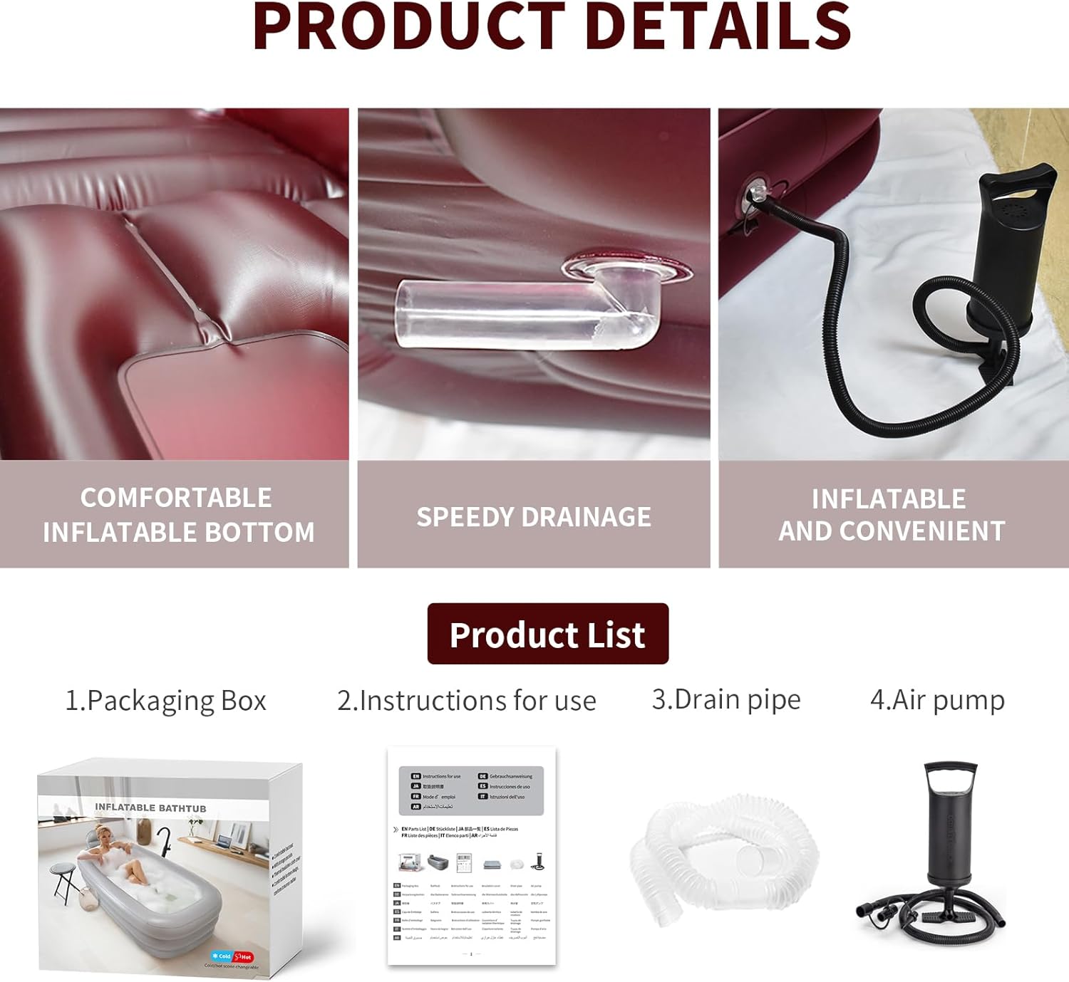 Nevife Inflatable Bathtub with Pump - Foldable Portable Spa Tub for Adults, Hot & Ice Bath, Indoor Outdoor Use, Includes Bath Pillow Headrest (red)