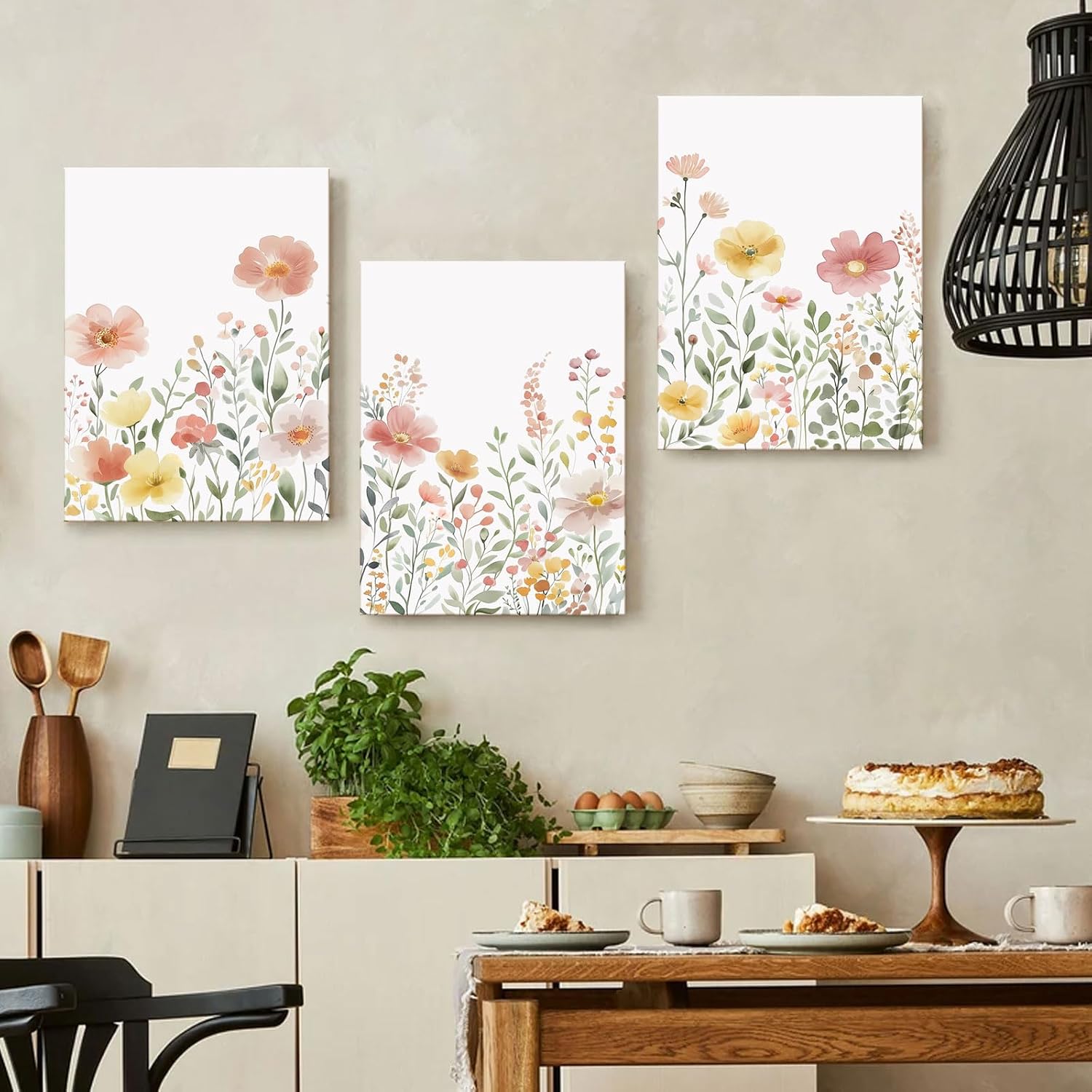 Colorful Wildflower Canvas Wall Art Set of 3 Framed - Pink Floral Watercolor Prints, Modern Minimalist Flower Painting Girls Botanical Nursery Decor for Living Room Bedroom Bathroom, 12x16 Inch